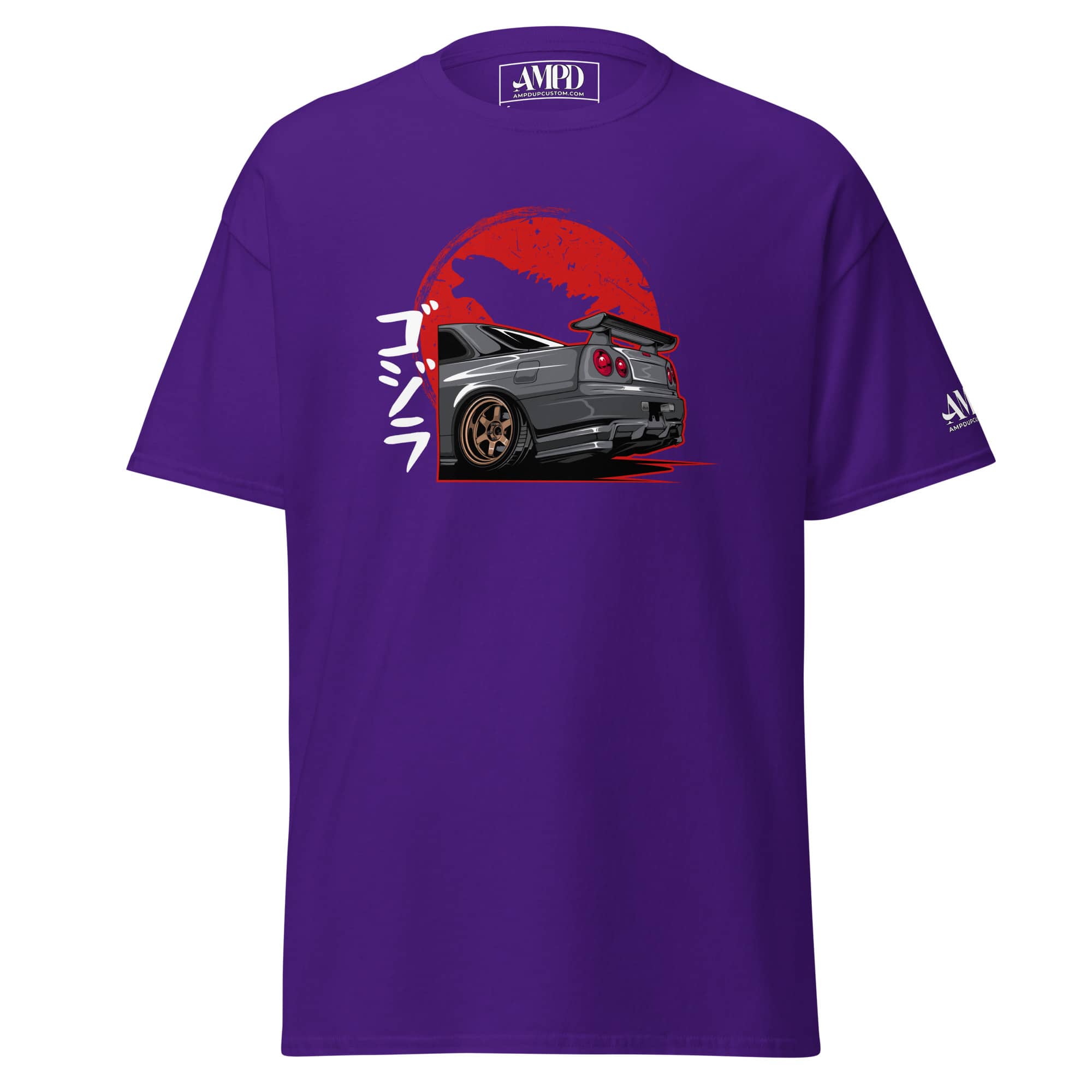 Godzilla R34 Skyline GT-R T-Shirt | AMPD in purple featuring a graphic of the iconic car