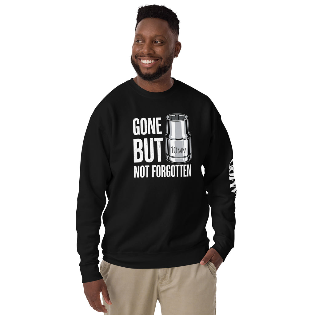Black Gone But Not Forgotten 10mm Sweatshirt | AMPD with graphic design on front and sleeve
