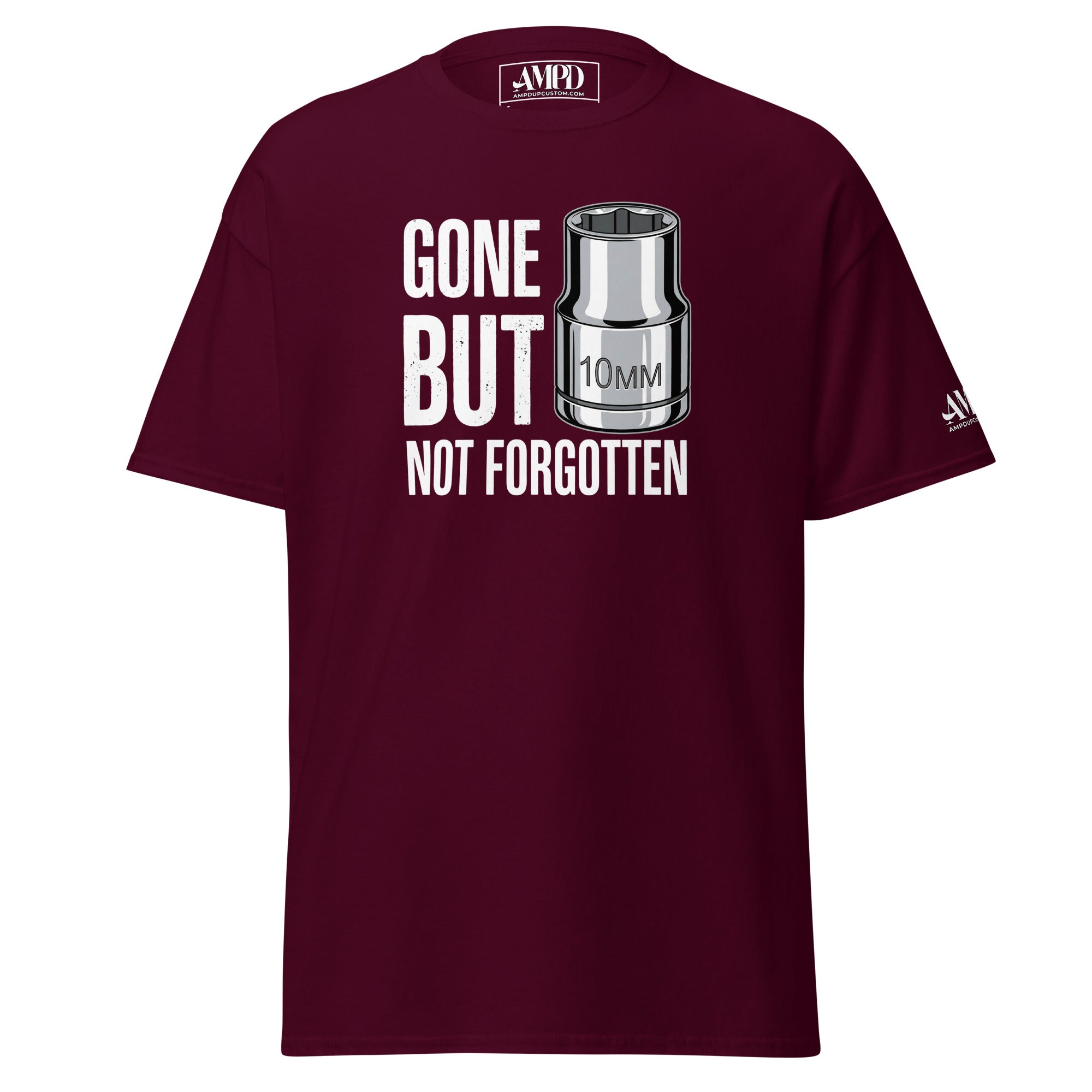 Gone But Not Forgotten 10mm T-Shirt | AMPD in maroon with a graphic socket design