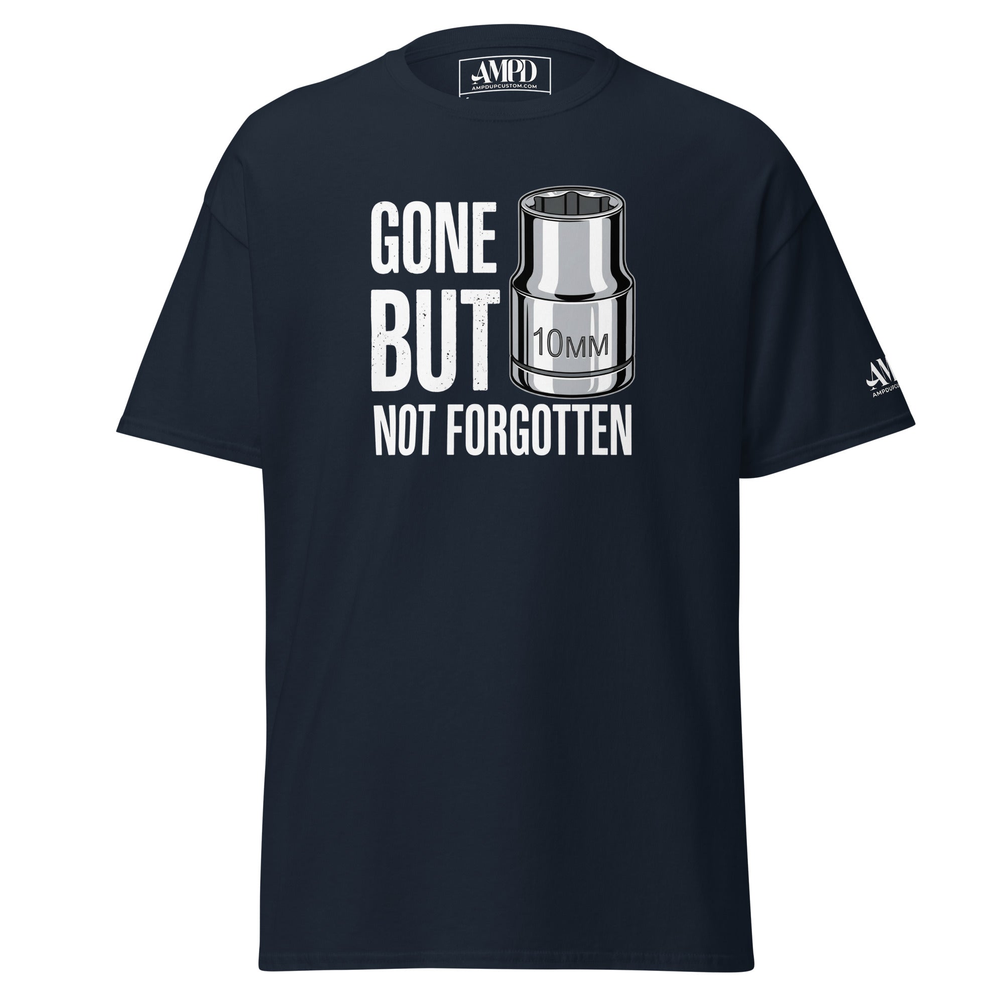 Gone But Not Forgotten 10mm T-Shirt | AMPD featuring a socket graphic on a navy background