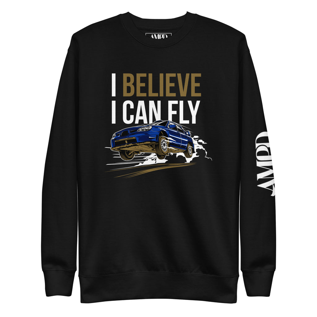 I Believe I Can Fly Rally Motorsport Sweatshirt | AMPD featuring a dynamic car design on a black background