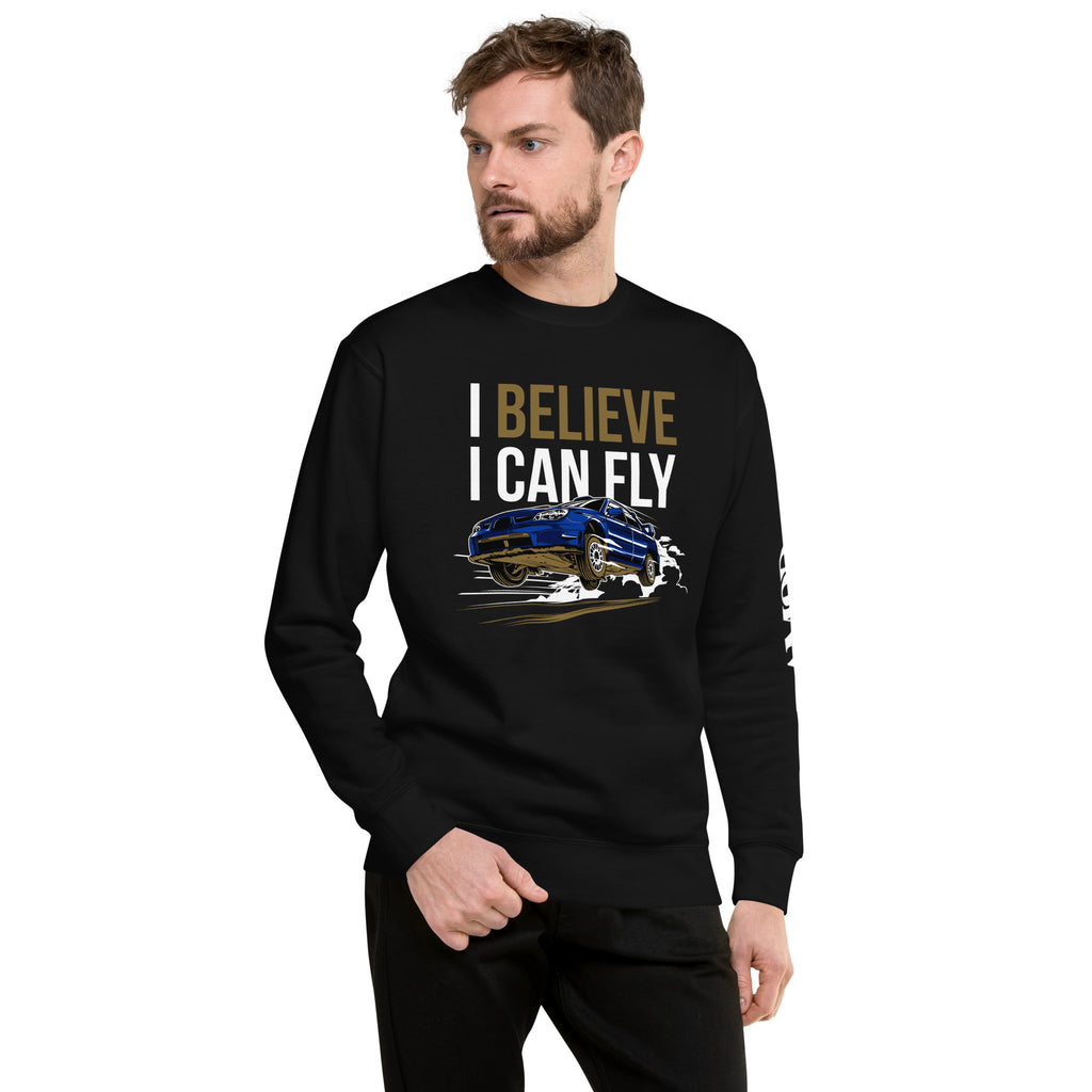 I Believe I Can Fly Rally Motorsport Sweatshirt | AMPD featuring a stylish car graphic on a black background