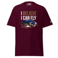 I Believe I Can Fly Rally Motorsport T-Shirt | AMPD in maroon with a blue rally car graphic