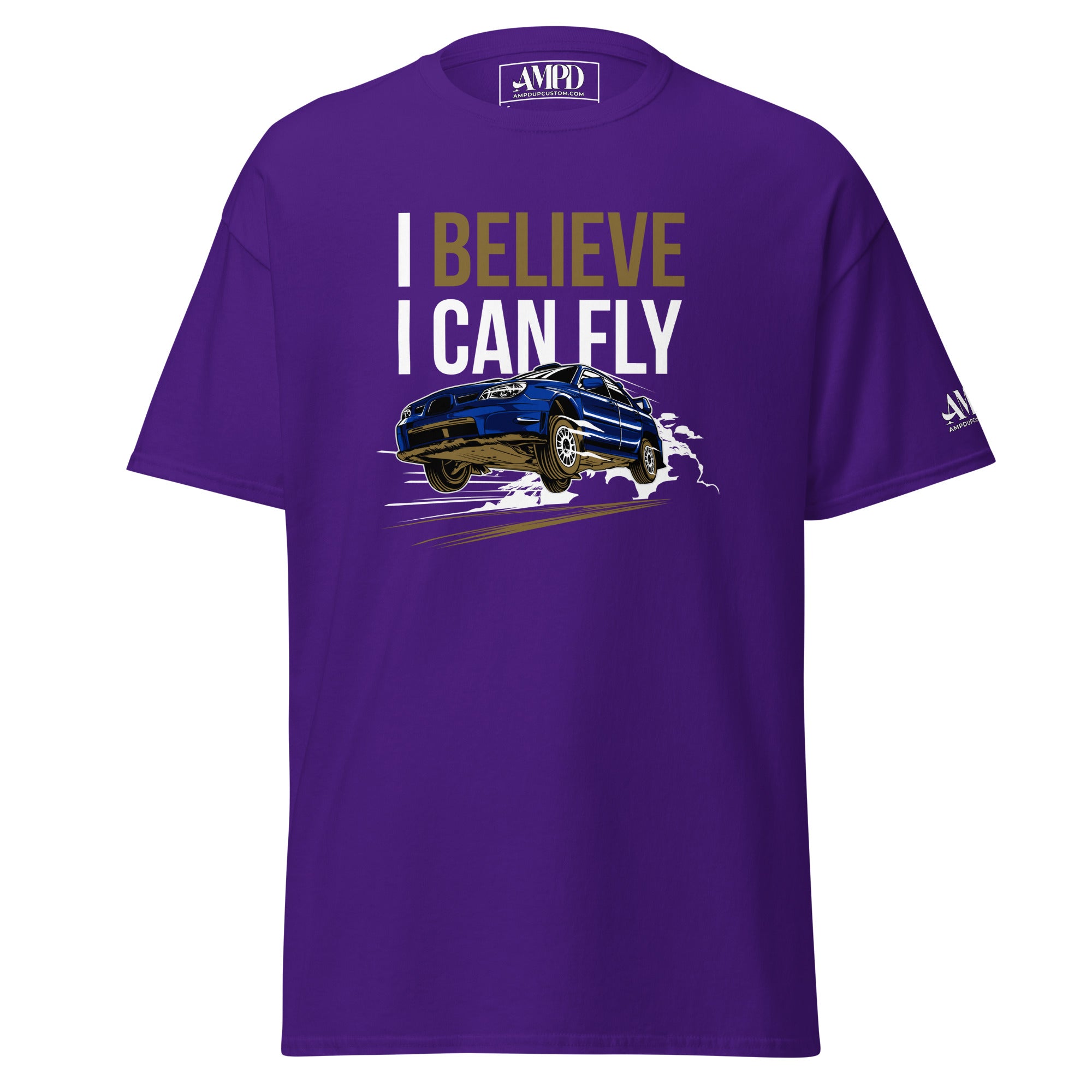 I Believe I Can Fly Rally Motorsport T-Shirt | AMPD in purple featuring a dynamic car graphic