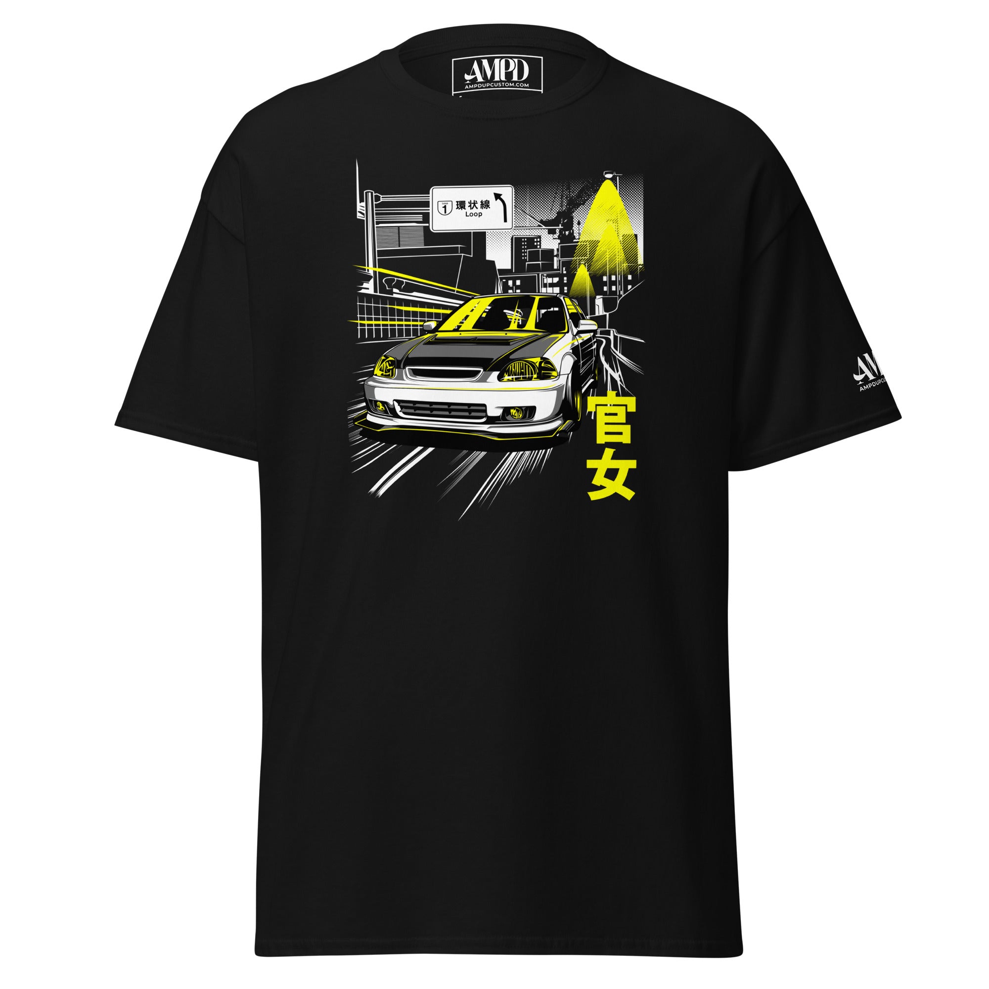 Kanjo Loop Honda Civic Graphic T-Shirt | AMPD featuring a sleek car design on a black background