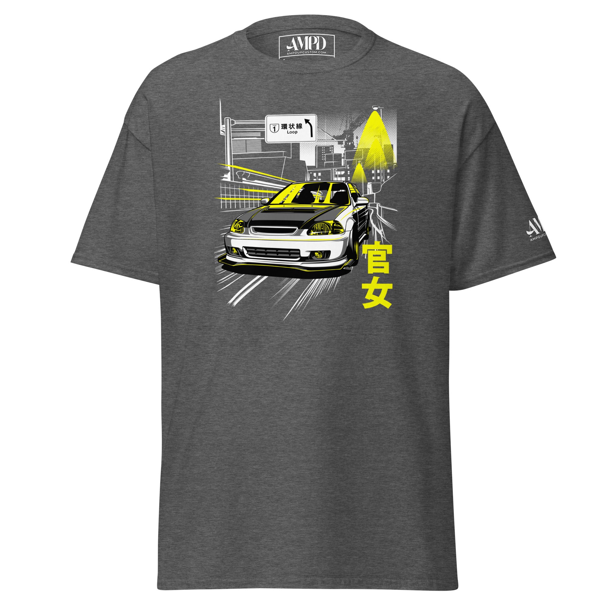Kanjo Loop Honda Civic Graphic T-Shirt | AMPD featuring a stylish car design on a gray background