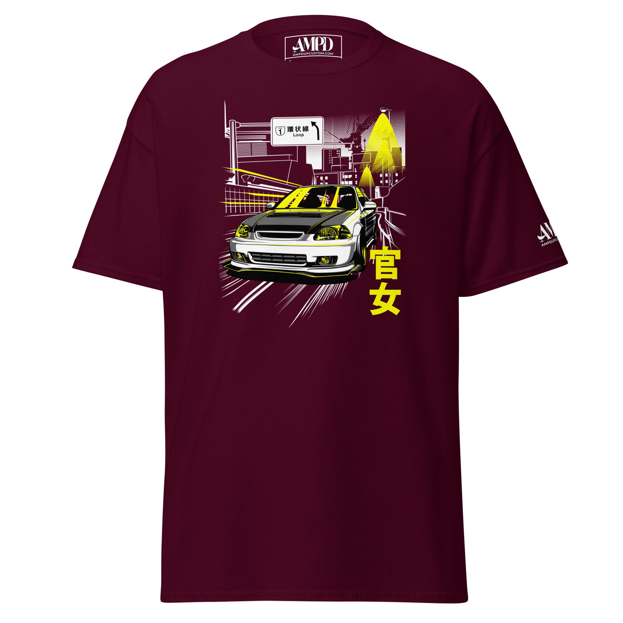 Kanjo Loop Honda Civic Graphic T-Shirt | AMPD in burgundy featuring a vibrant car design