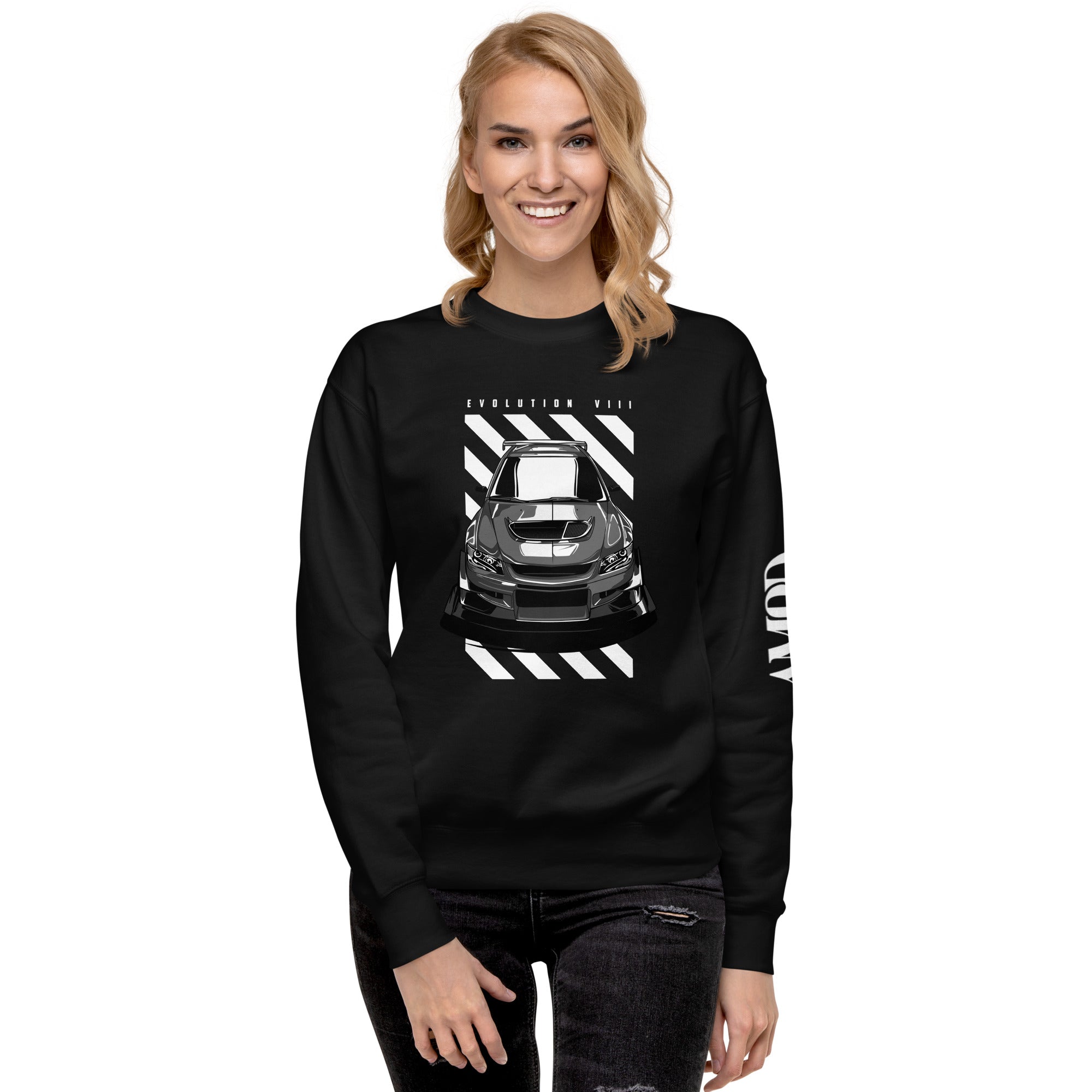Mitsubishi Evolution VIII 8 Sweatshirt | AMPD featuring a stylish car graphic on a black background