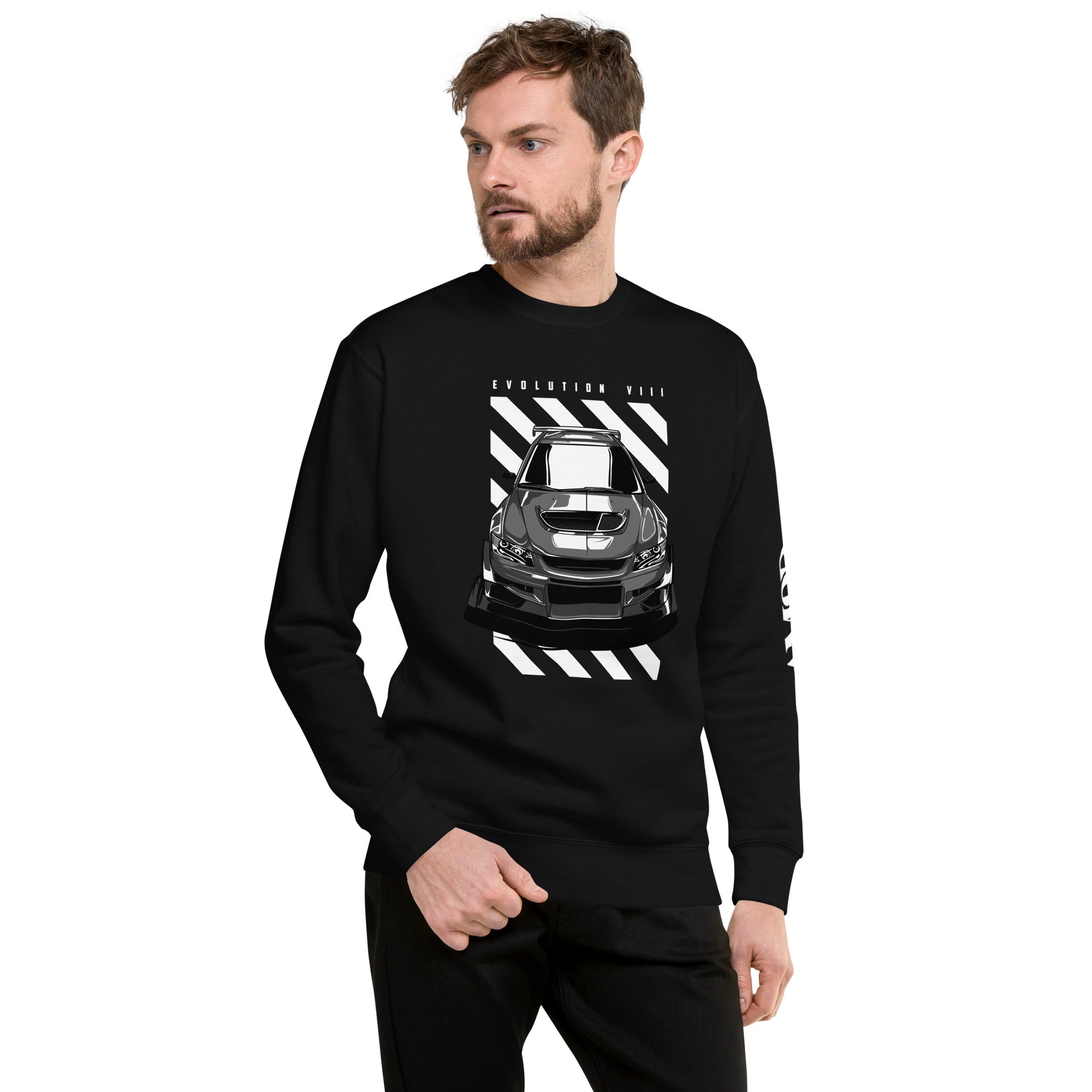 Mitsubishi Evolution VIII 8 Sweatshirt | AMPD featuring a sleek graphic of the car on a black background