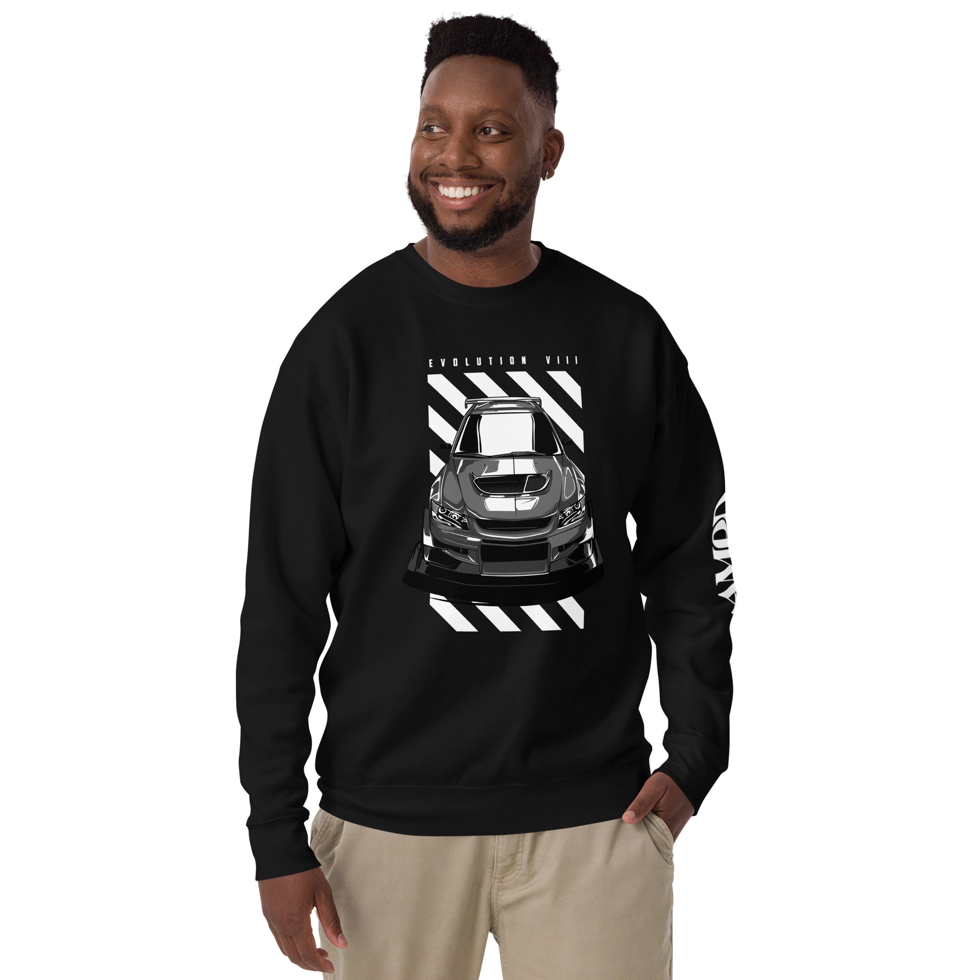 Amp'd Up Custom Mitsubishi Evolution VIII 8 Sweatshirt in Black with Striped Design and Car Graphic