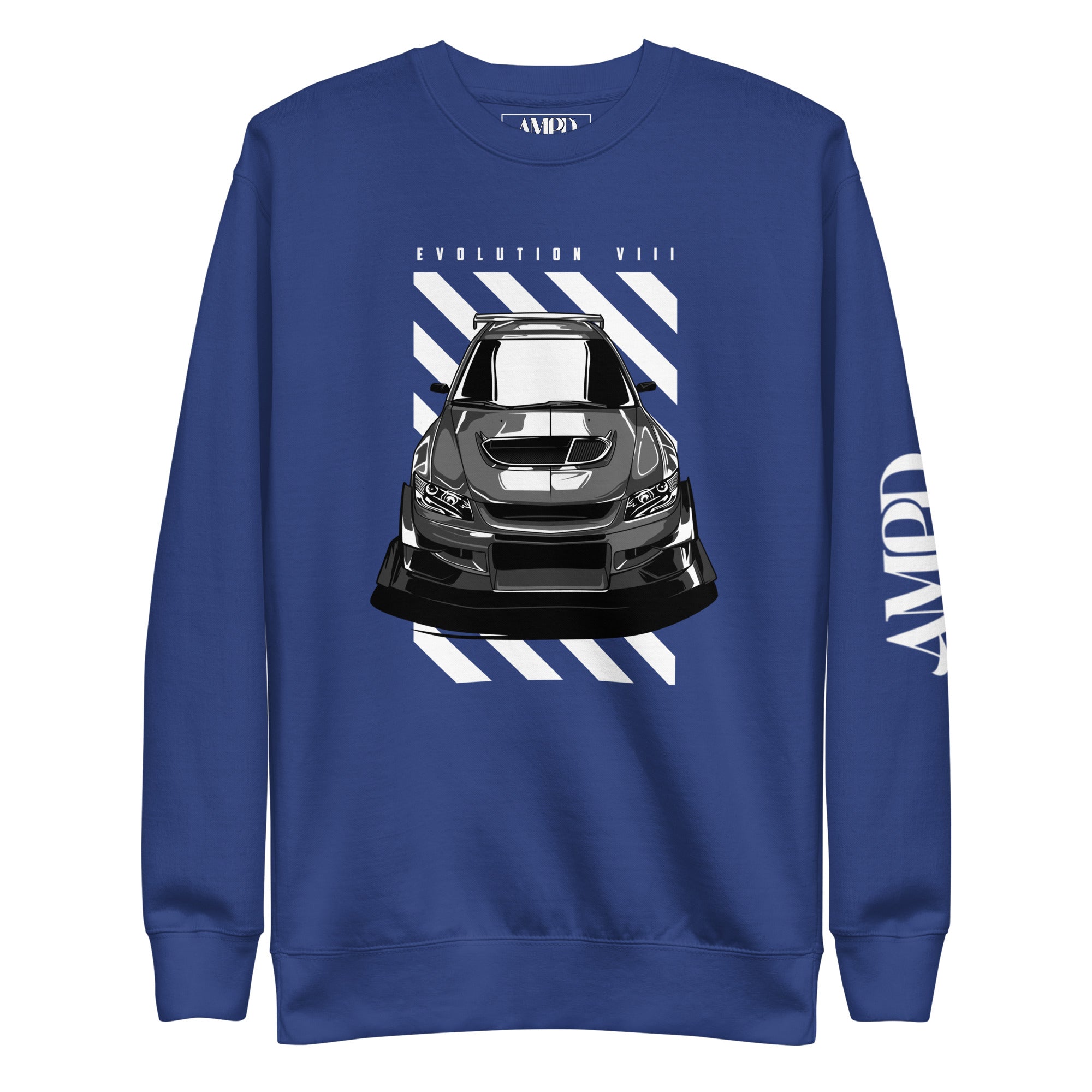 Mitsubishi Evolution VIII 8 Sweatshirt | AMPD featuring a sleek graphic design of the car on a blue background
