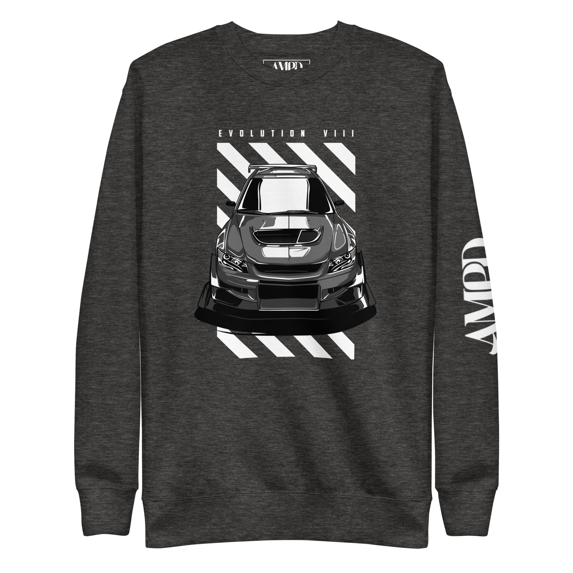 Mitsubishi Evolution VIII 8 Sweatshirt | AMPD featuring a sleek car graphic on a dark background