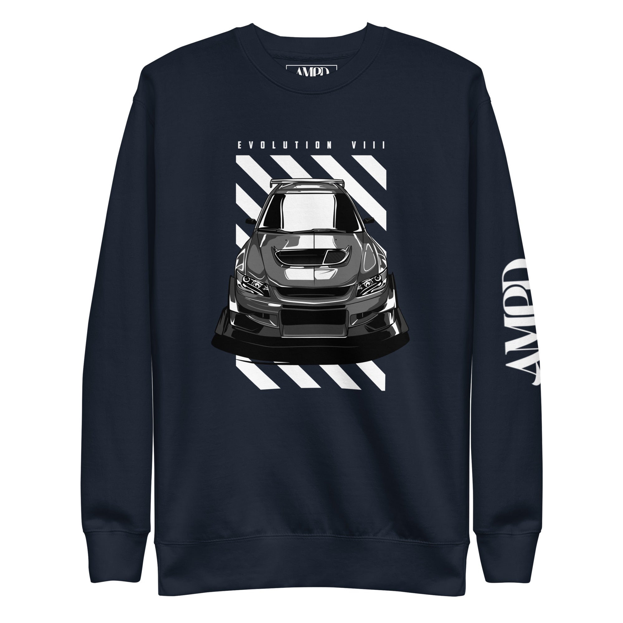 Mitsubishi Evolution VIII 8 Sweatshirt | AMPD with graphic of a high-performance car design