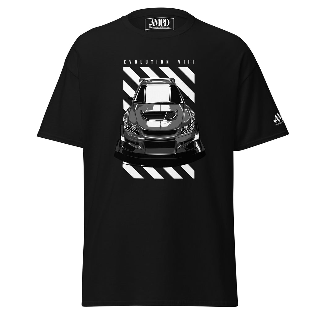 Mitsubishi Evolution VIII 8 T-Shirt | AMPD featuring a sleek car design on a black background