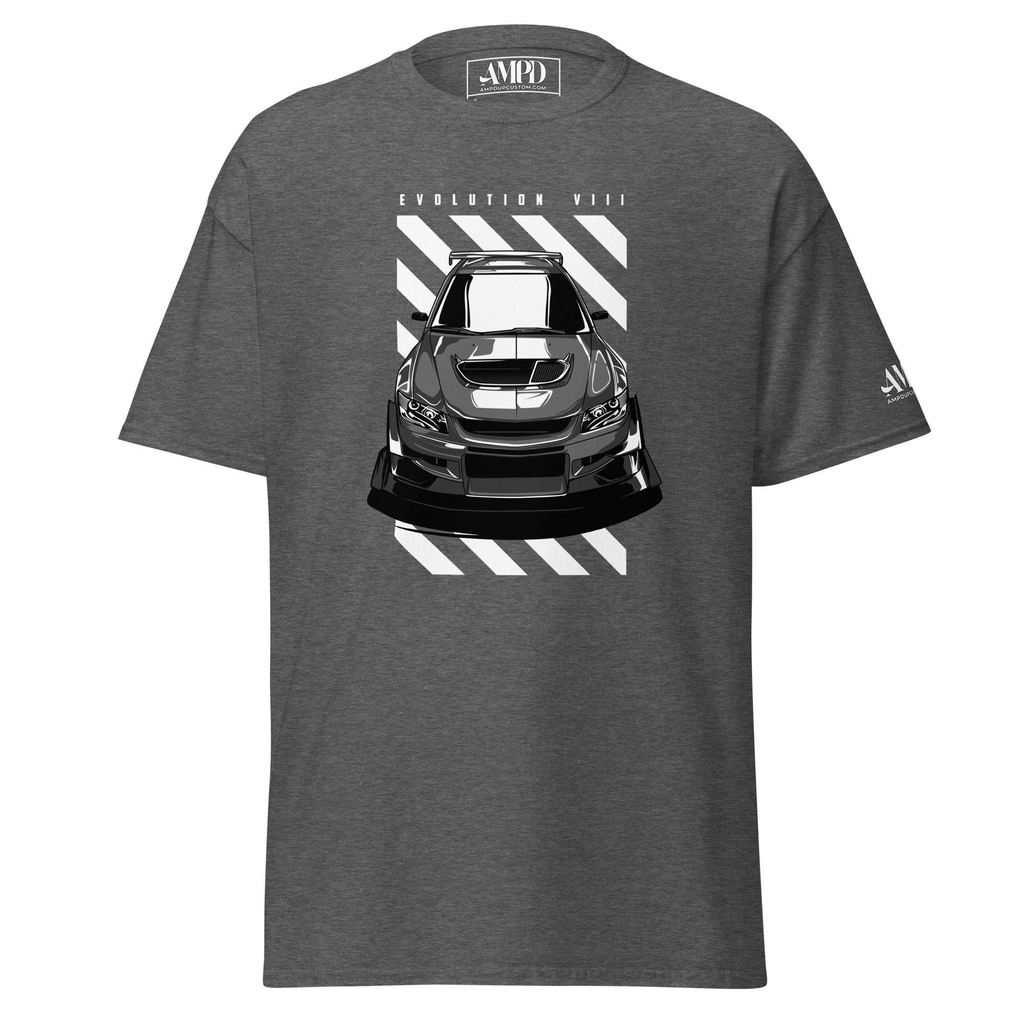 Mitsubishi Evolution VIII 8 T-Shirt | AMPD featuring a graphic of a sleek black sports car