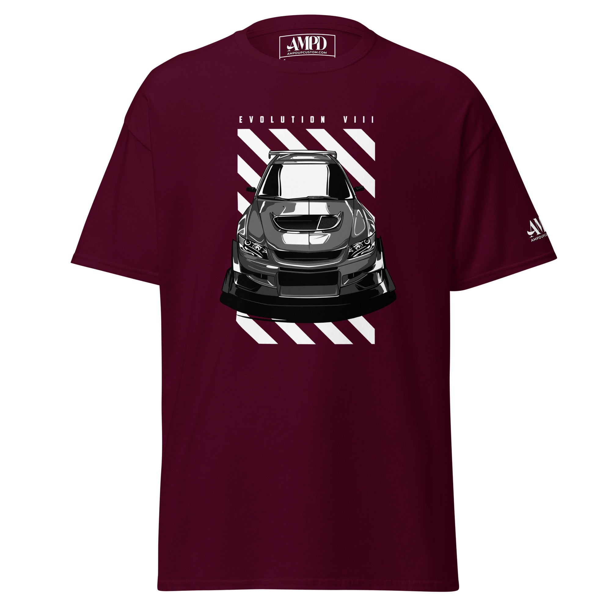 Mitsubishi Evolution VIII 8 T-Shirt | AMPD with a striking front graphic on a maroon background
