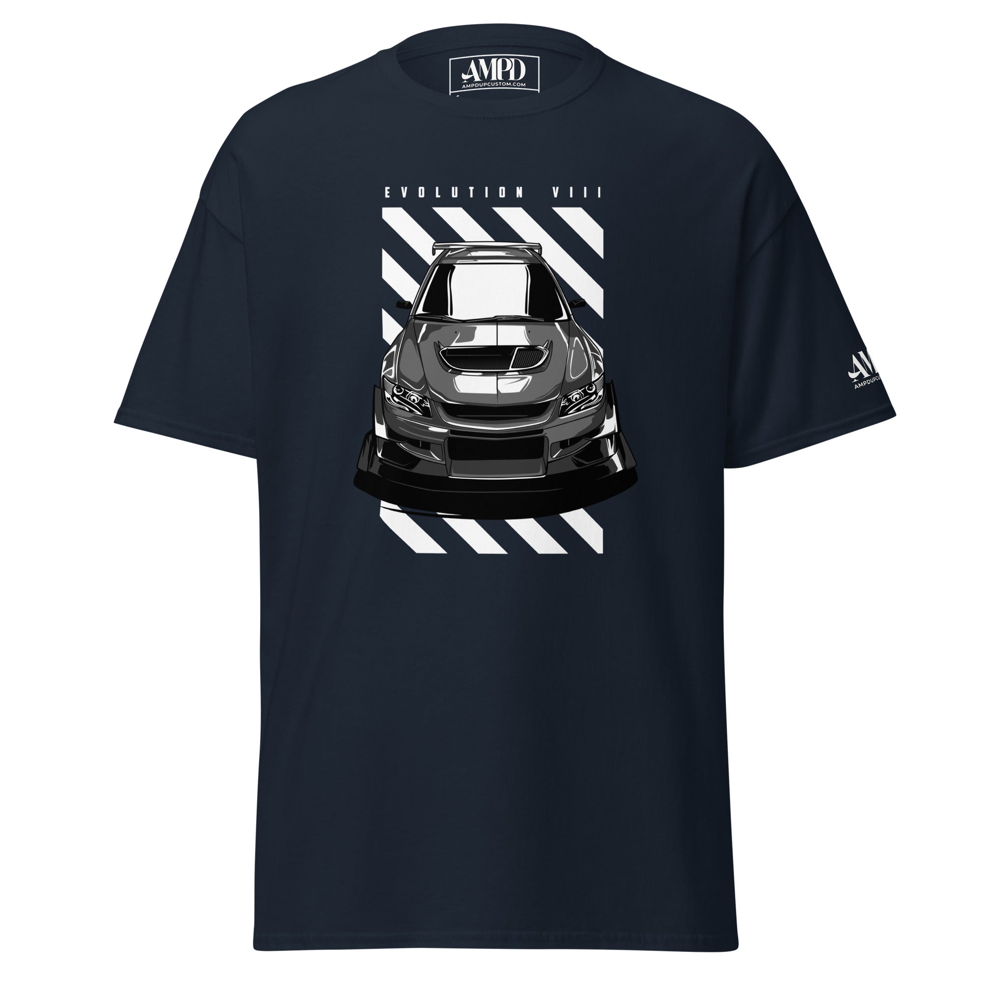 Mitsubishi Evolution VIII 8 T-Shirt | AMPD featuring a graphic of the iconic car on a navy background