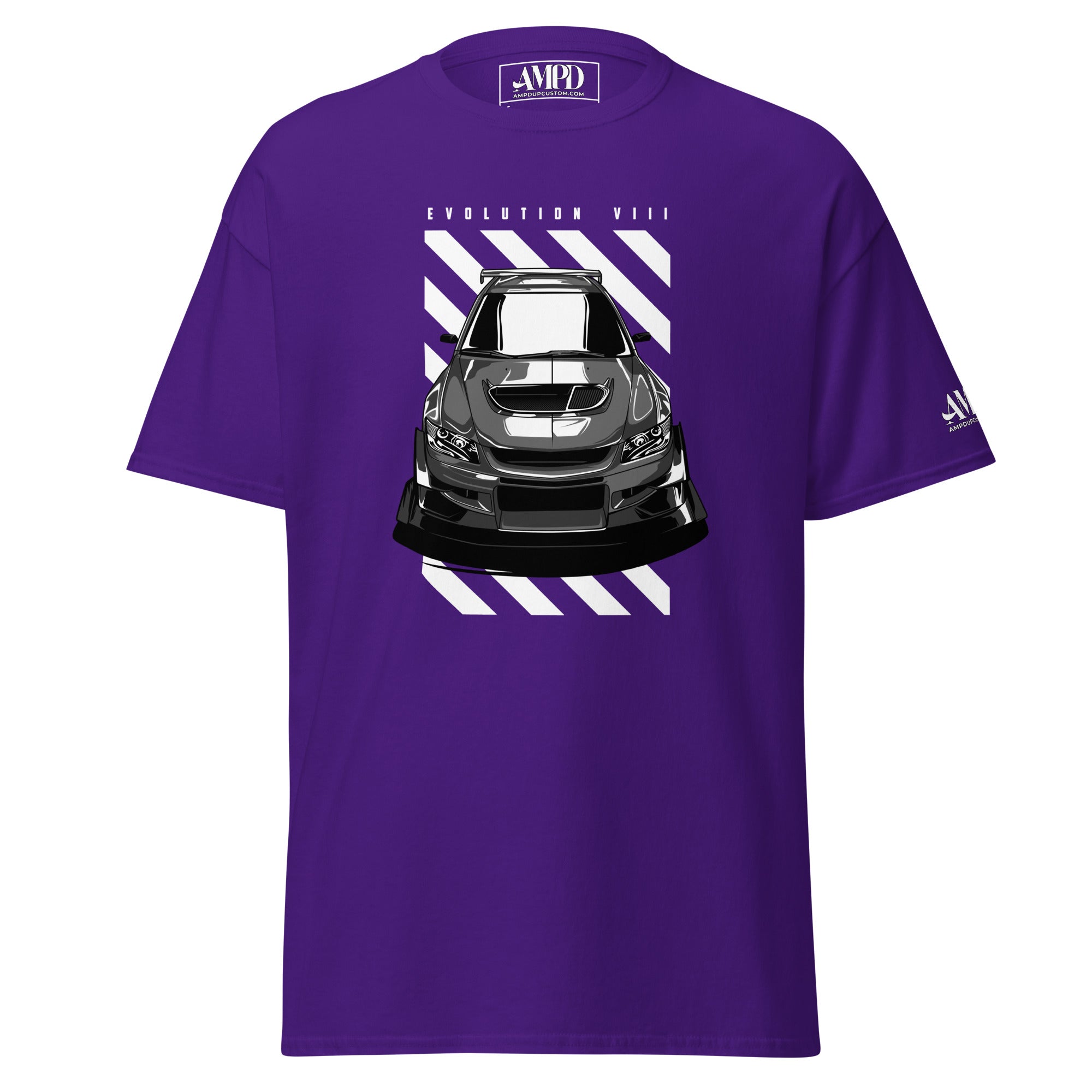 Mitsubishi Evolution VIII 8 T-Shirt | AMPD featuring a sleek car graphic on a purple background