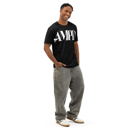 AMPD Official Big Graphic Premium Mens Cotton Crew Neck T-Shirt Soft, Breathable and Durable modeled by a smiling man