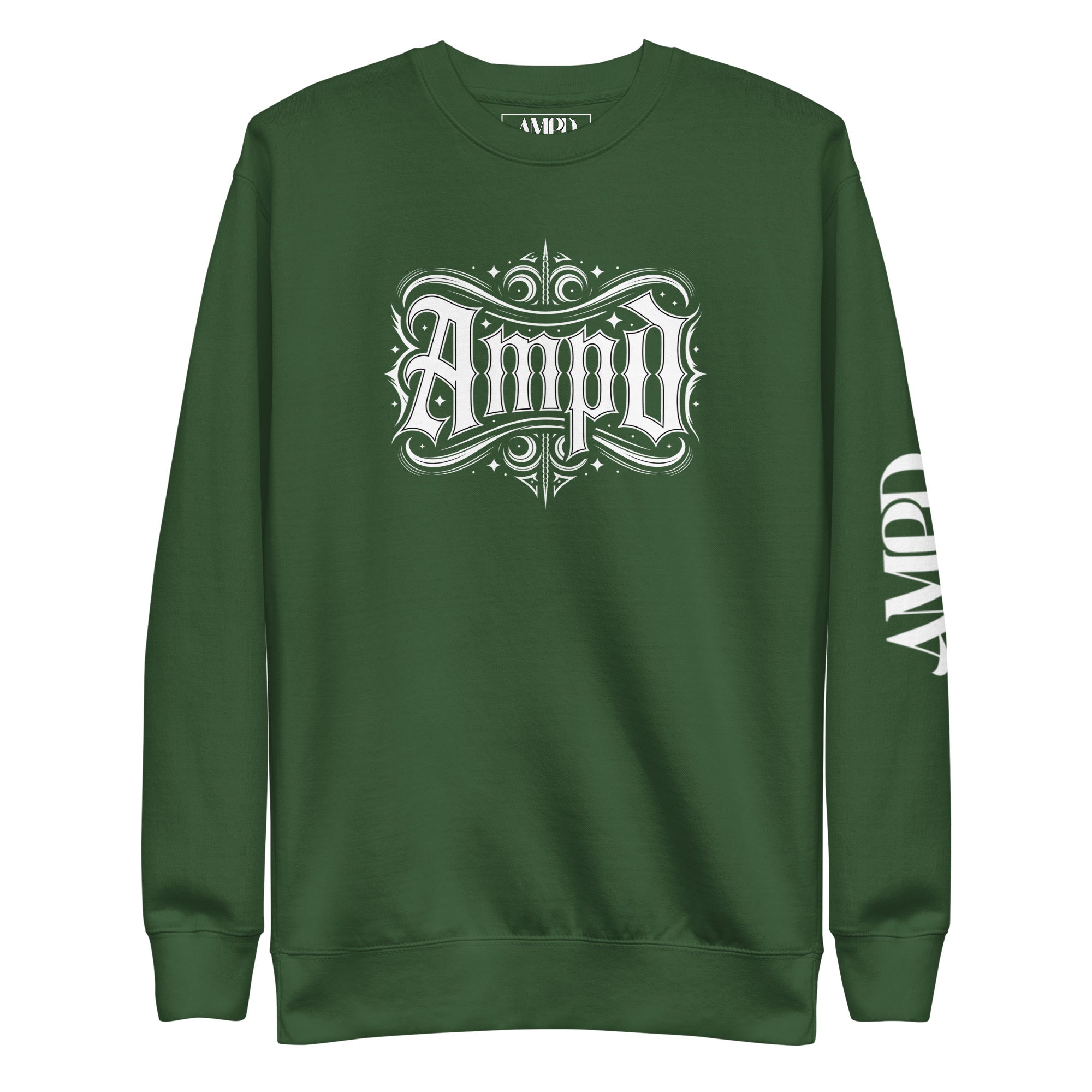 AMPD Official Gothic Typography Sweatshirt in Green with Stylish Graphic Design