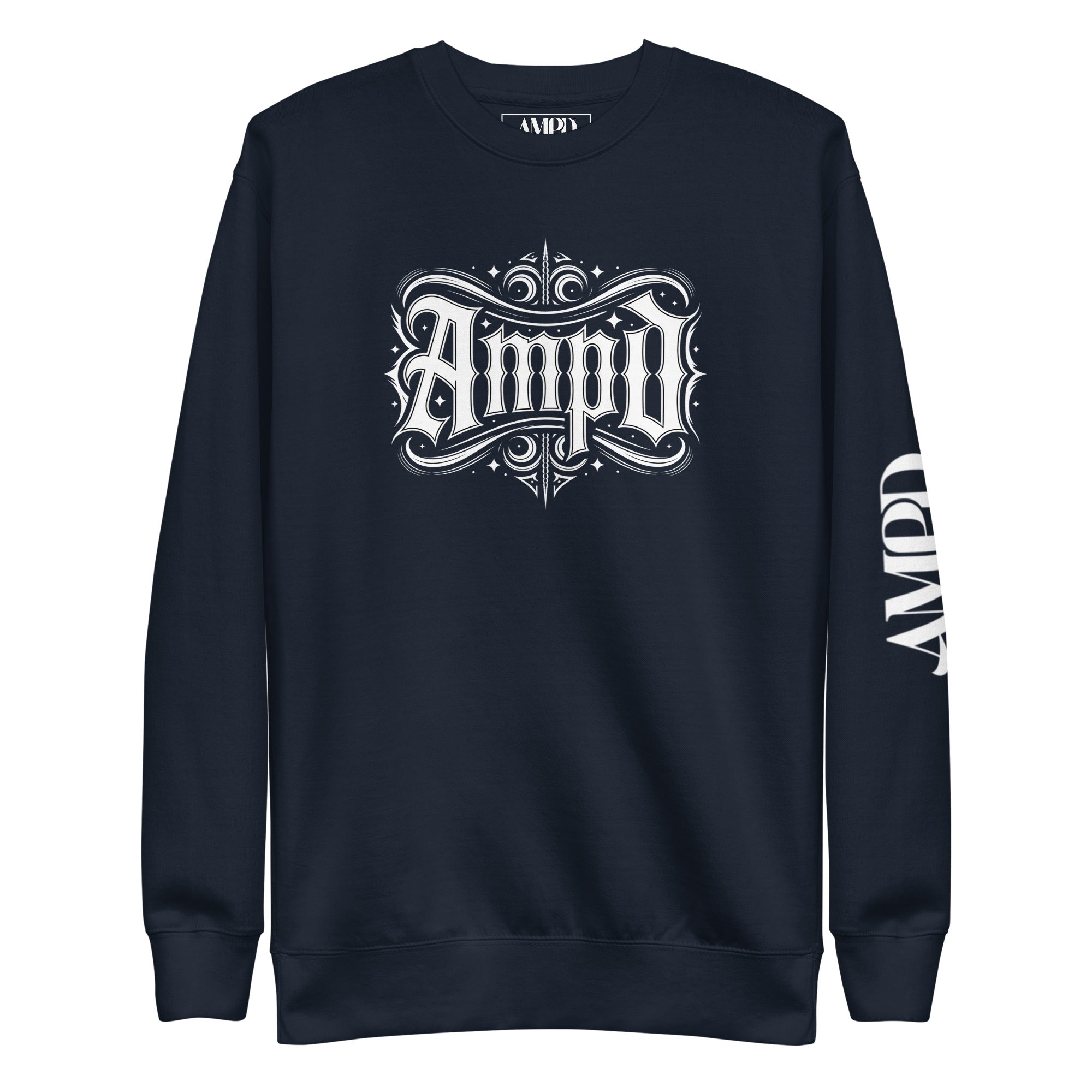 AMPD Official Gothic Typography Sweatshirt featuring a stylish design in navy blue