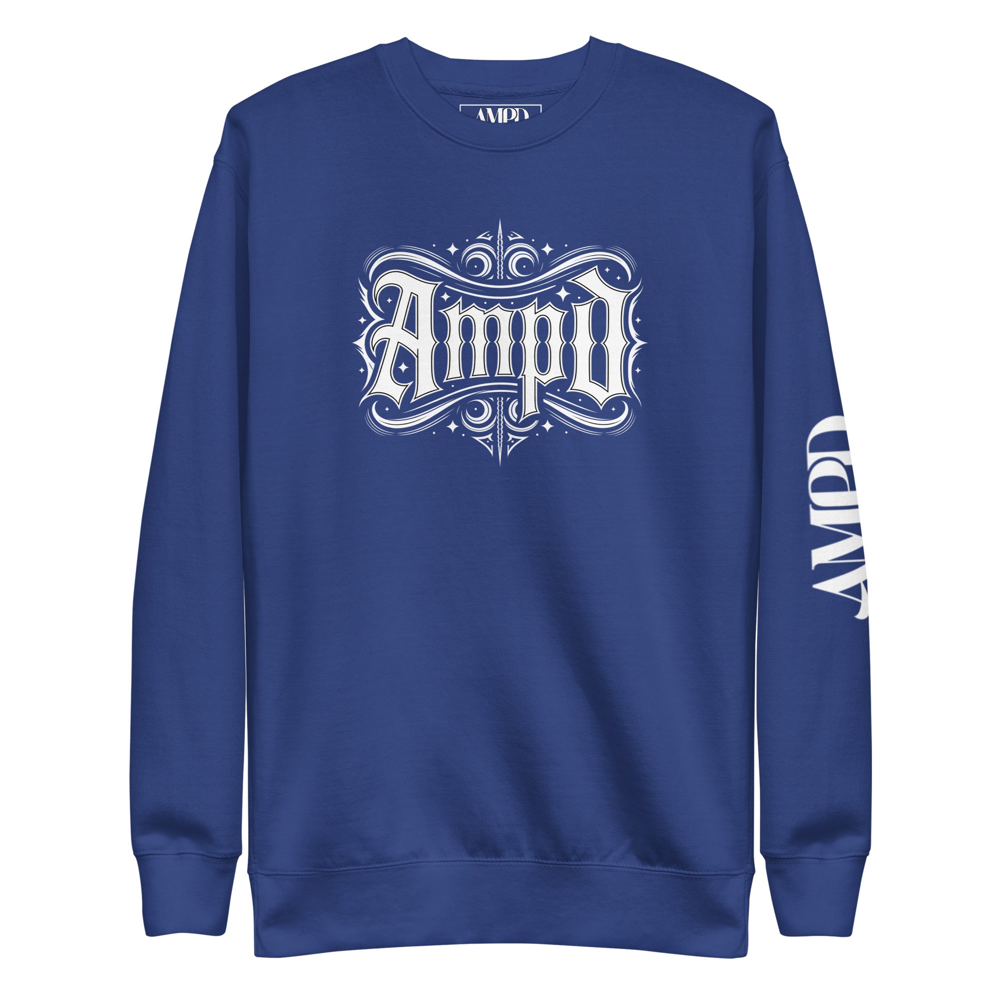 AMPD Official Gothic Typography Sweatshirt in Blue with Stylish Logo Design on Front