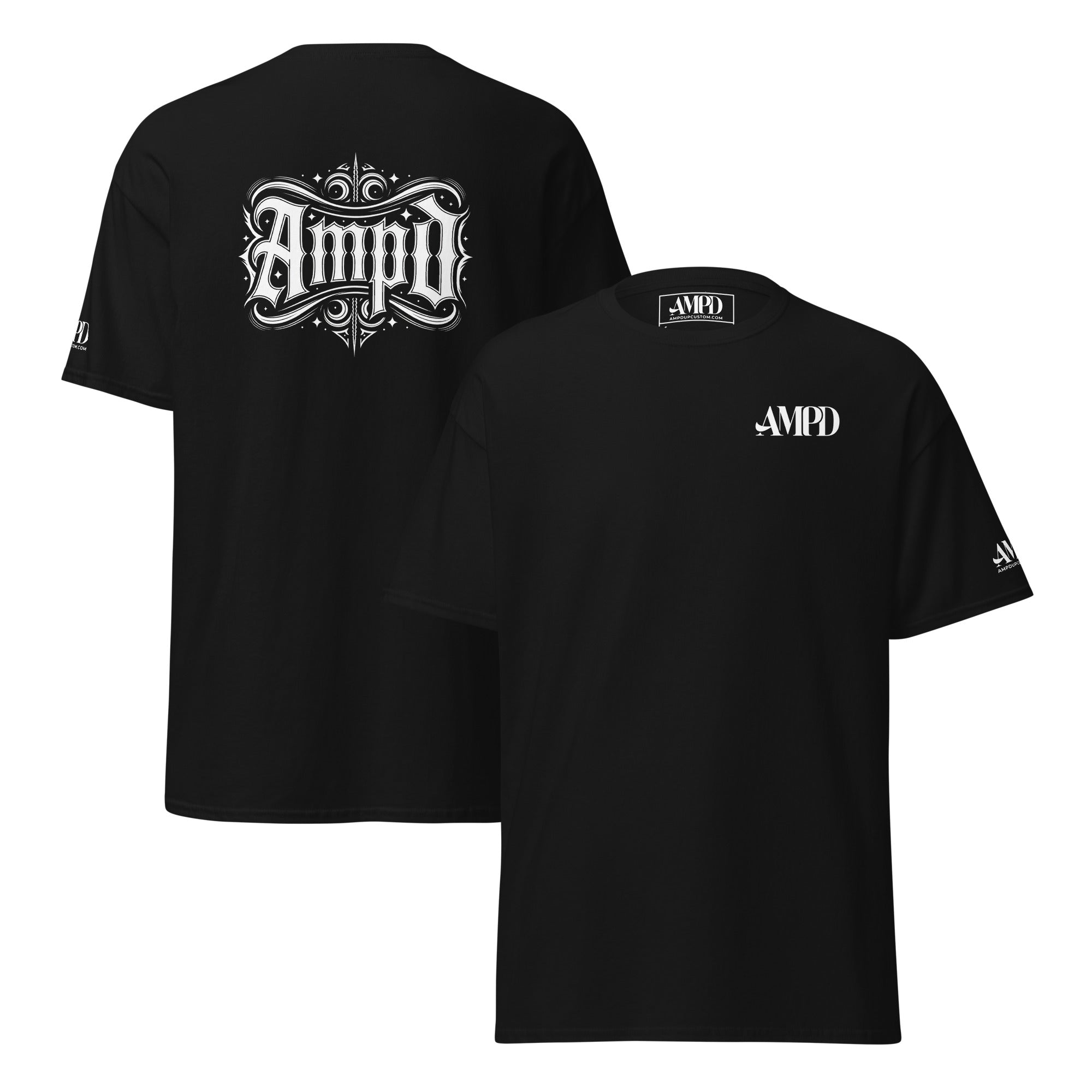 AMPD Official Gothic Typography T-Shirt in Black featuring front and back logo designs
