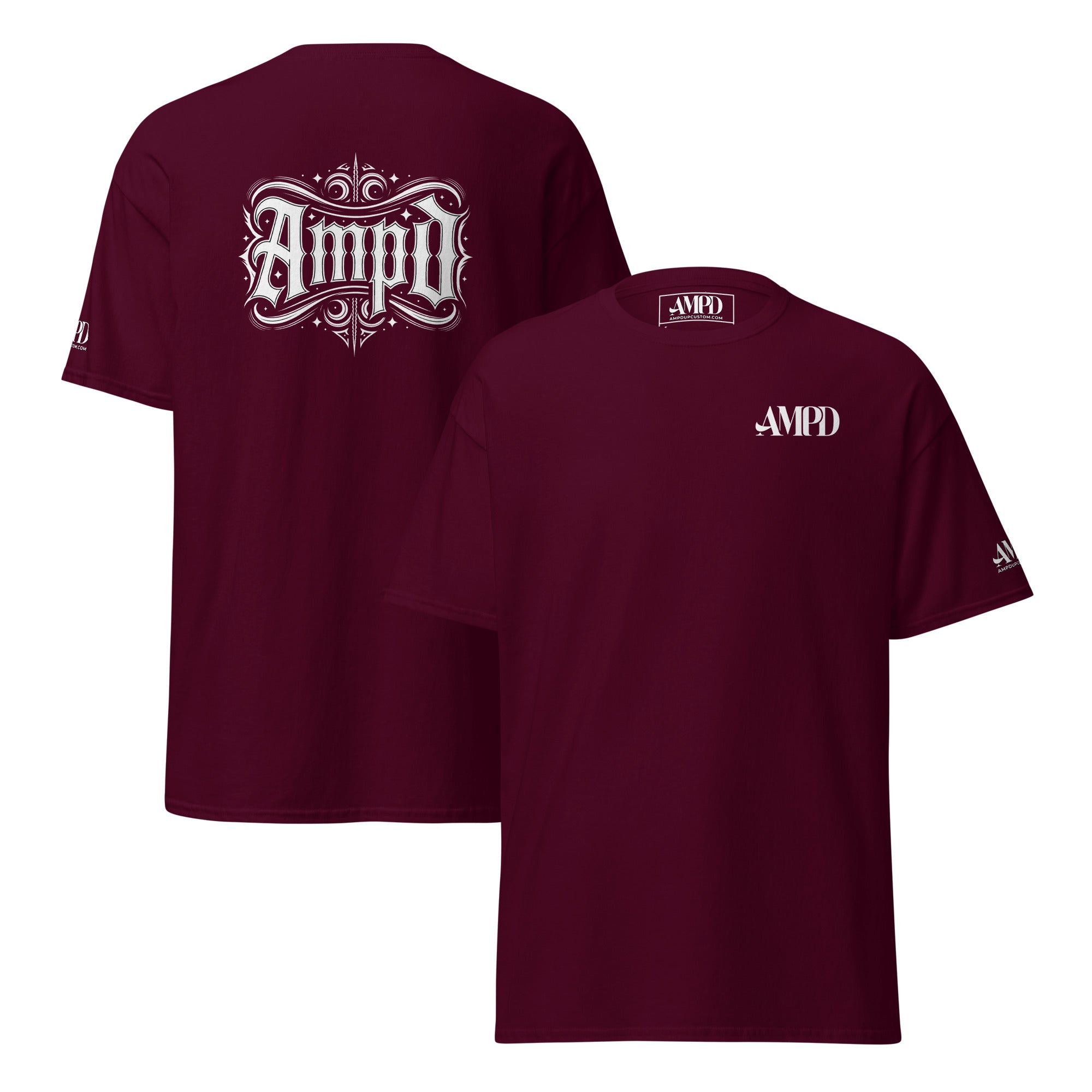 AMPD Official Gothic Typography T-Shirt in Burgundy featuring stylish back graphic and front logo