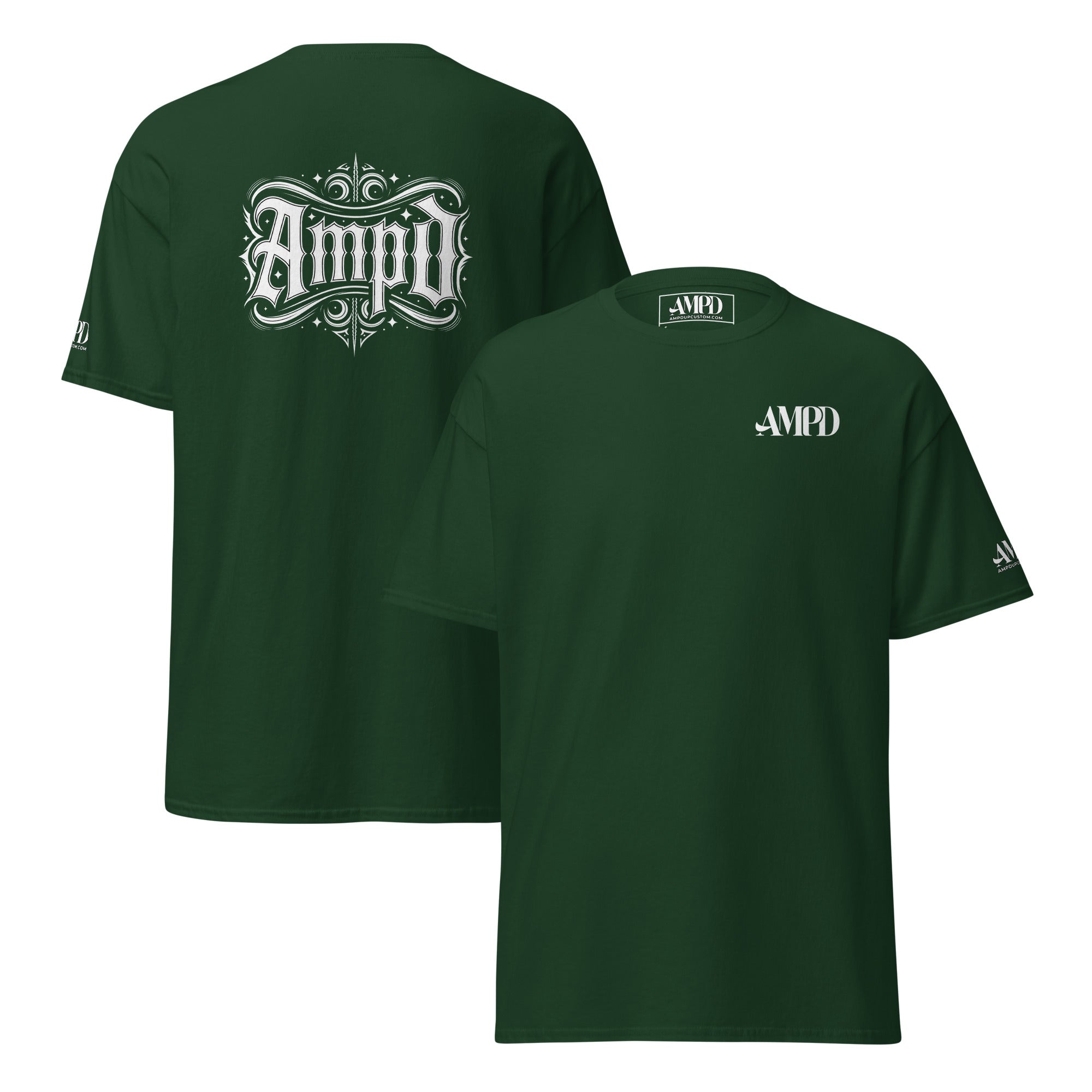 AMPD Official Gothic Typography T-Shirt in Dark Green with Front and Back Designs