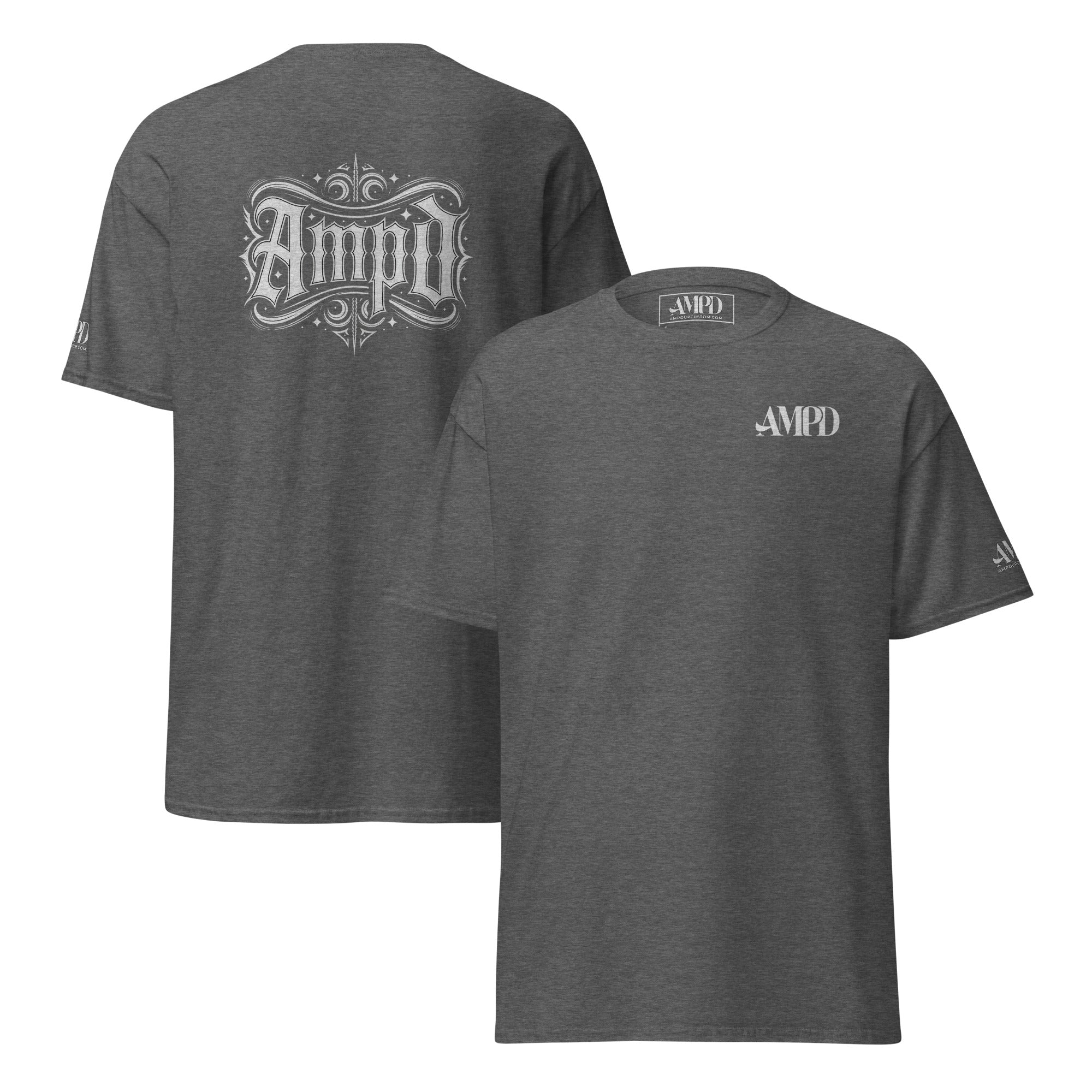 AMPD Official Gothic Typography T-Shirt in Gray with Stylish Front and Back Design