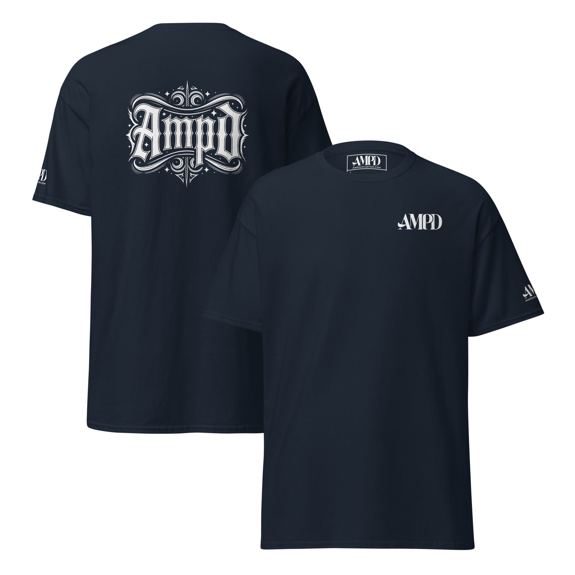 AMPD Official Gothic Typography T-Shirt in Navy with Distinctive Logo Design