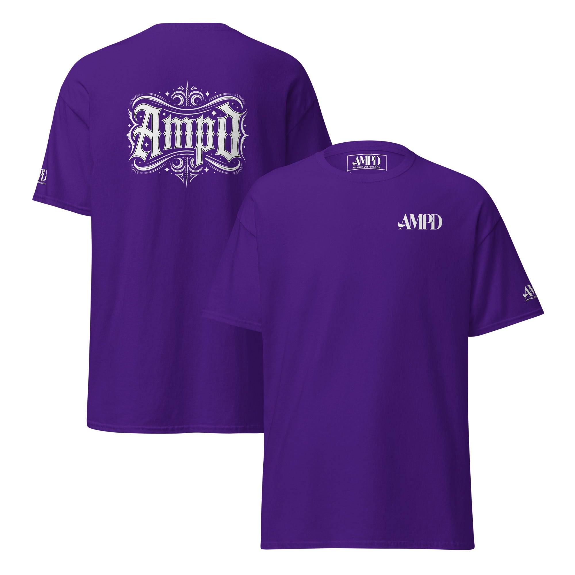 AMPD Official Gothic Typography T-Shirt in Purple with Front and Back Design by Amp'd Up Custom
