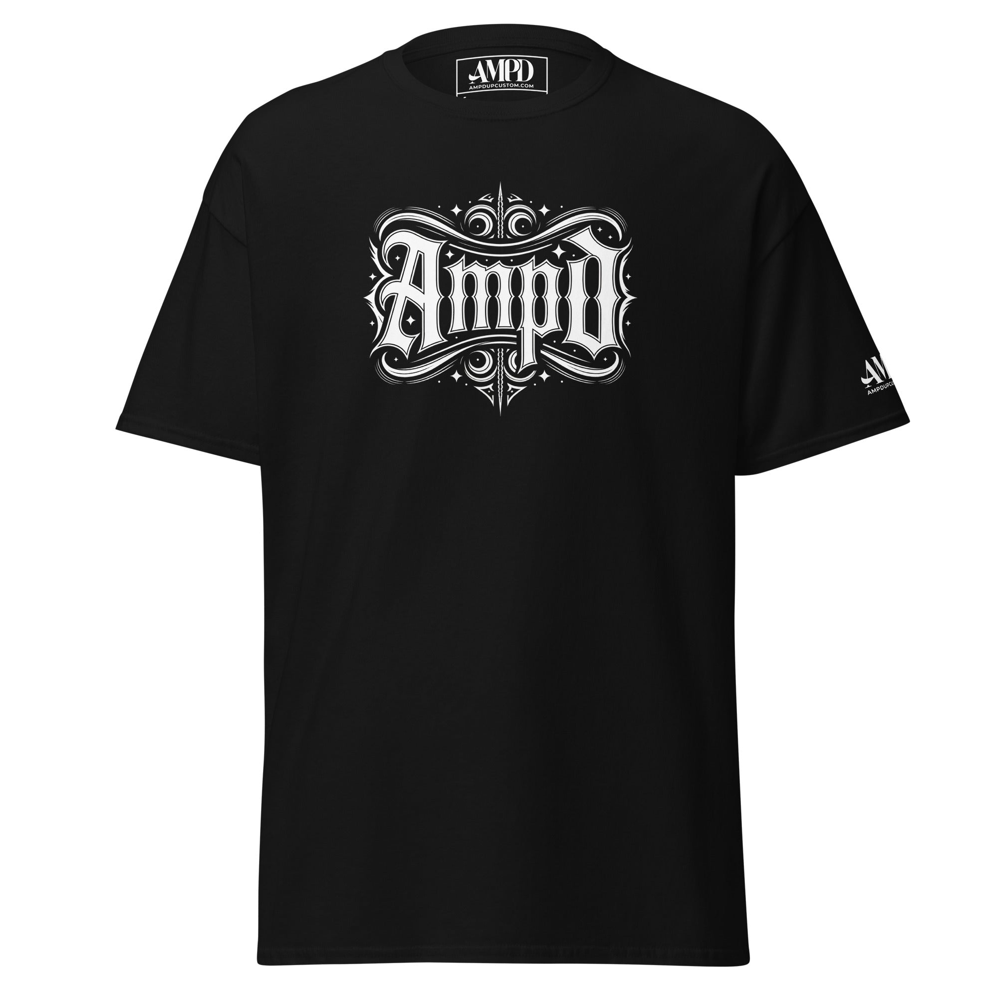 AMPD Official Gothic Typography T-Shirt in Black with Bold Logo Design for Stylish Casual Wear