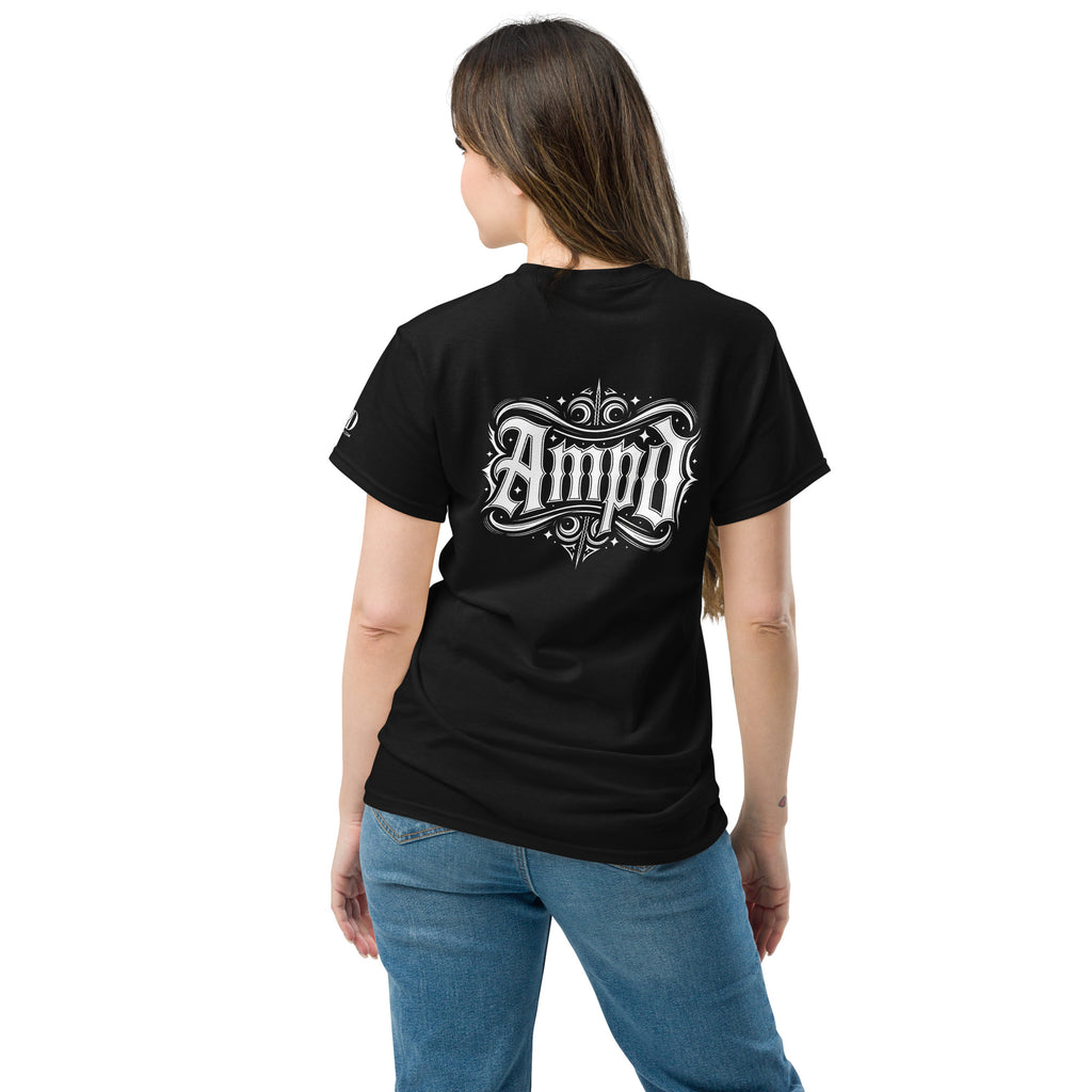 Back view of a woman wearing the AMPD Official Gothic Typography T-Shirt | AMPD with stylish graphic design