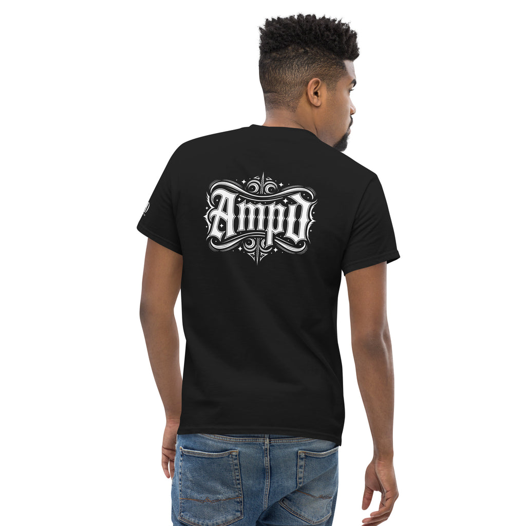 Back view of AMPD Official Gothic Typography T-Shirt in black featuring stylish logo design