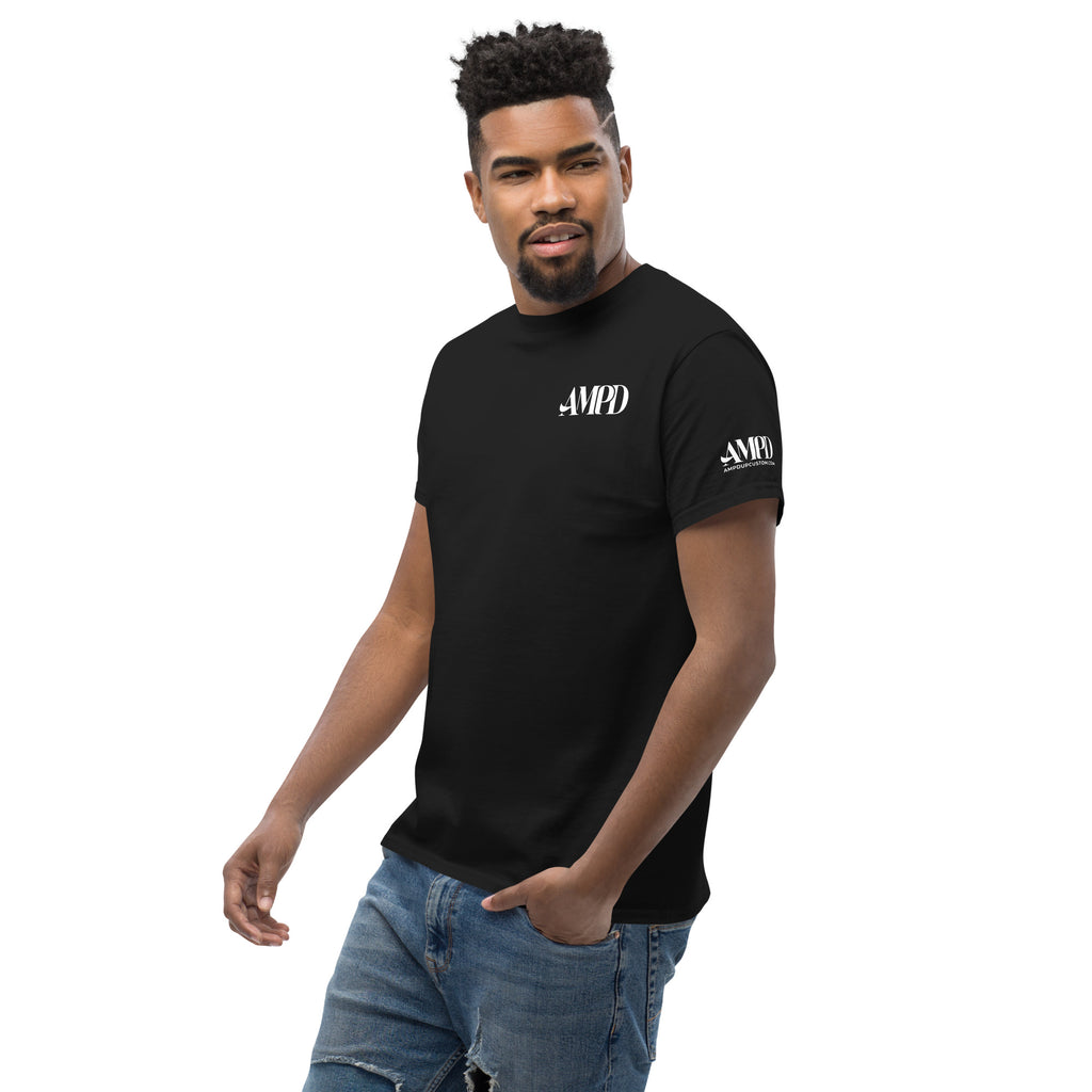 AMPD Official Gothic Typography T-Shirt in black worn by a man, stylish and modern design