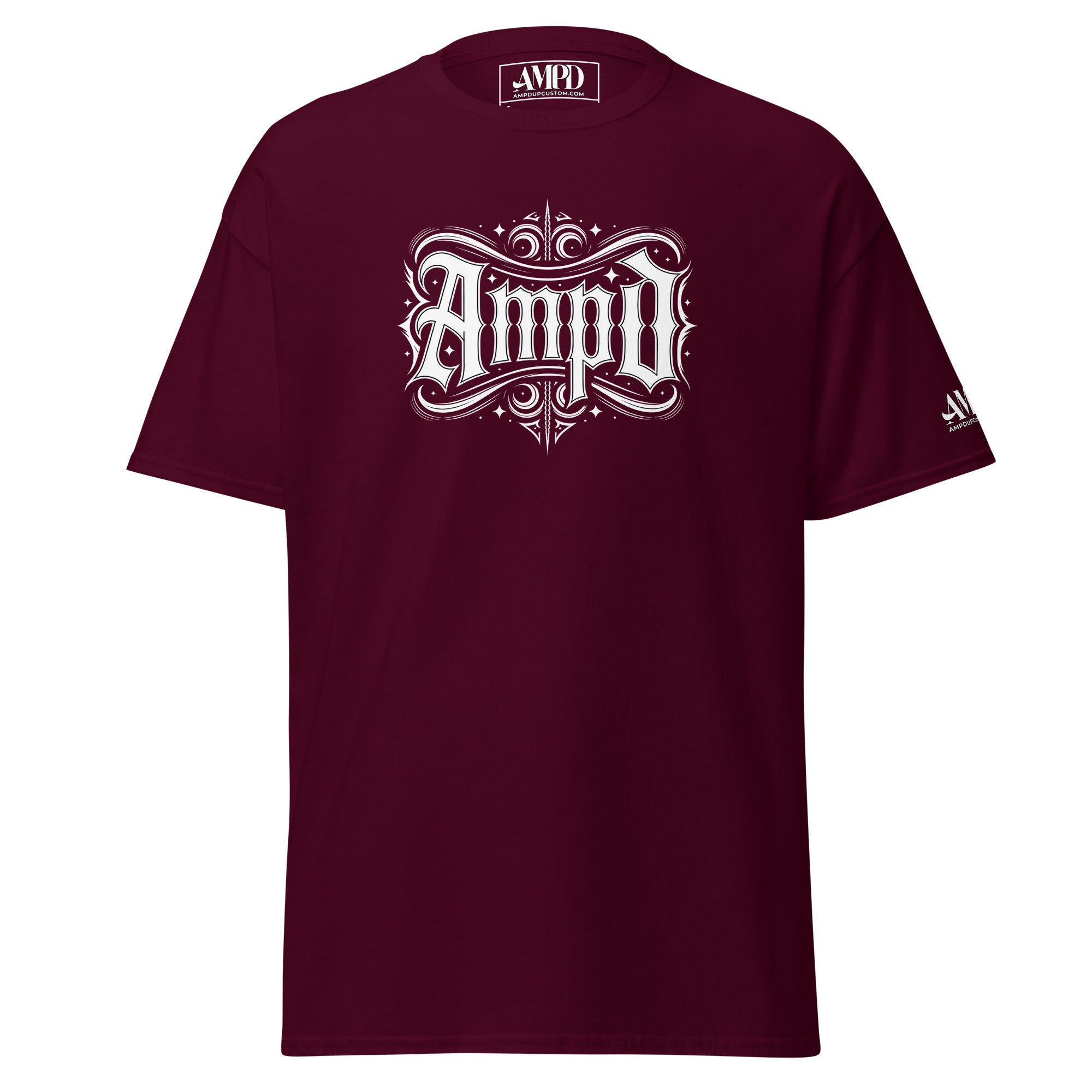 AMPD Official Gothic Typography T-Shirt in burgundy with a stylish logo design