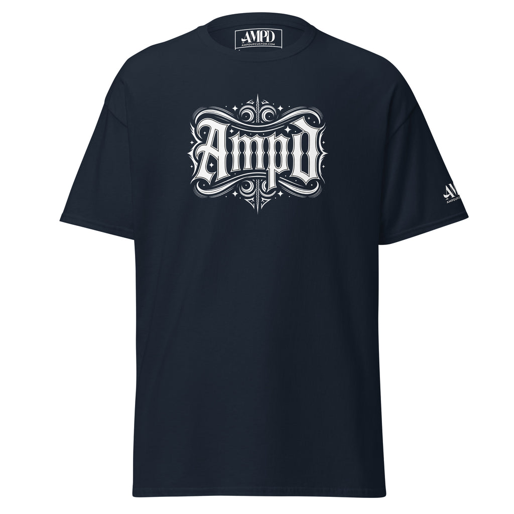 AMPD Official Gothic Typography T-Shirt in navy blue featuring a stylized Amp'd Up logo