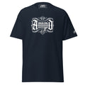 AMPD Official Gothic Typography T-Shirt in navy blue featuring a stylized Amp'd Up logo