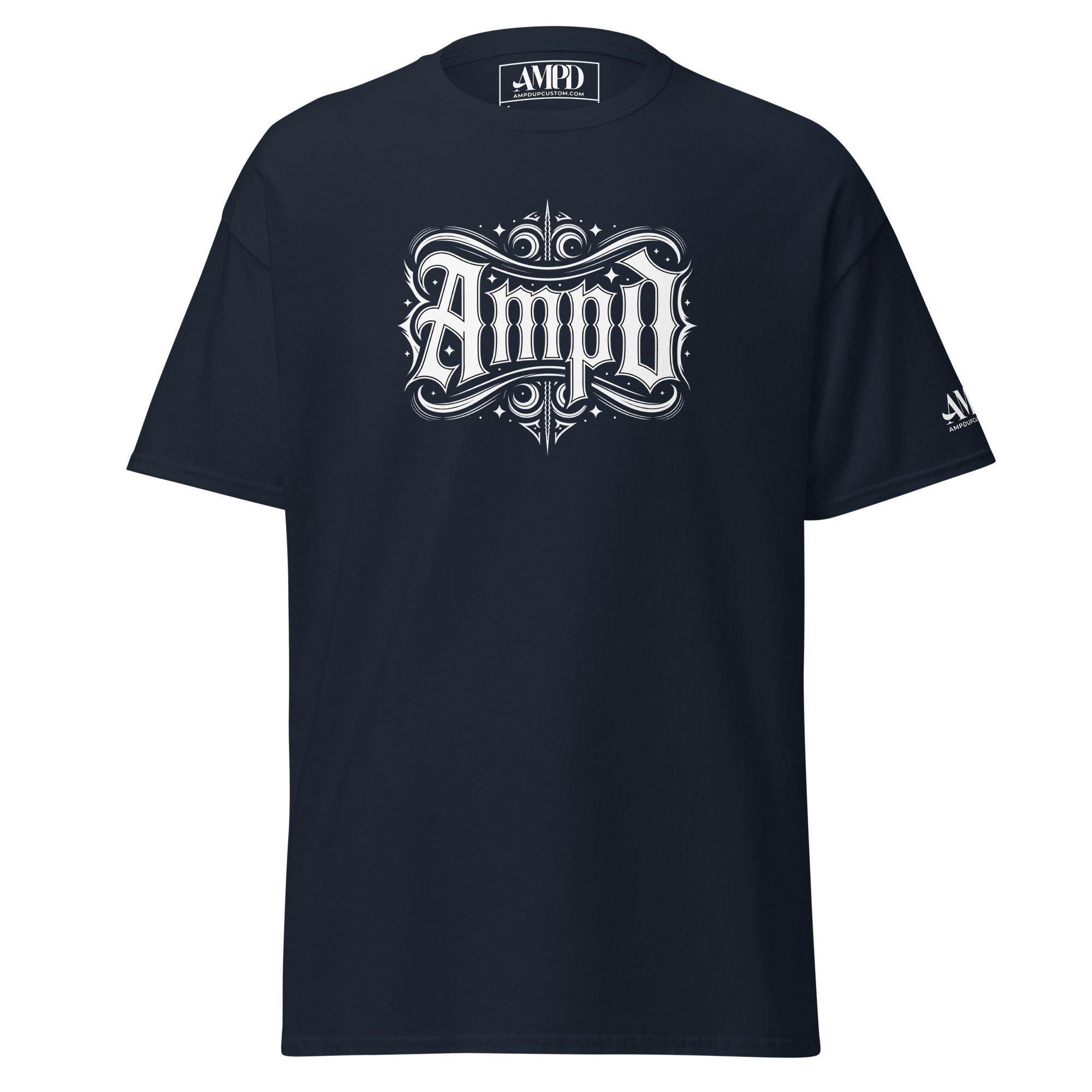AMPD Official Gothic Typography T-Shirt in navy blue featuring a stylized Amp'd Up logo