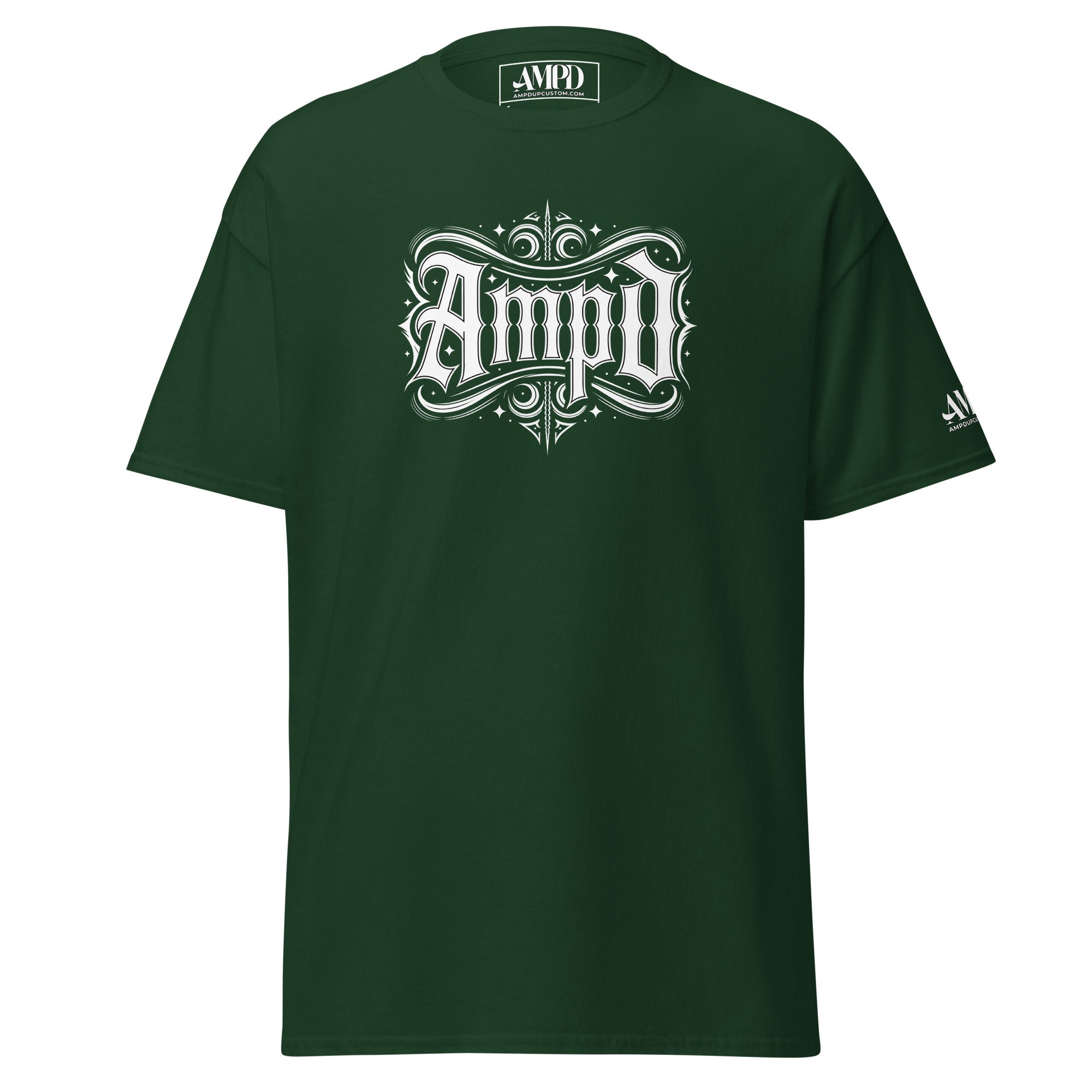AMPD Official Gothic Typography T-Shirt in Dark Green with Unique Logo Design by Amp'd Up Custom