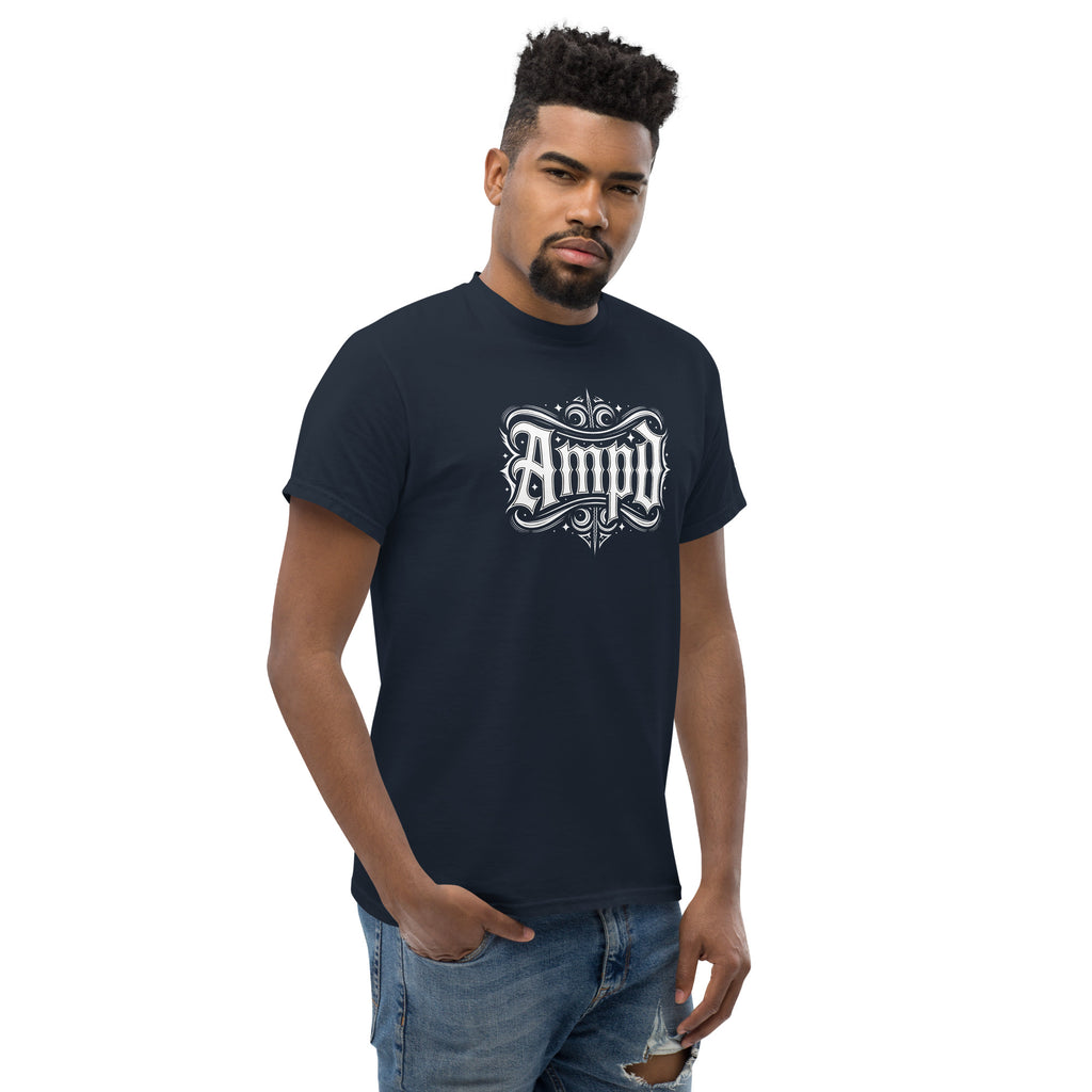 AMPD Official Gothic Typography T-Shirt in navy, featuring a stylish Amp'd Up design