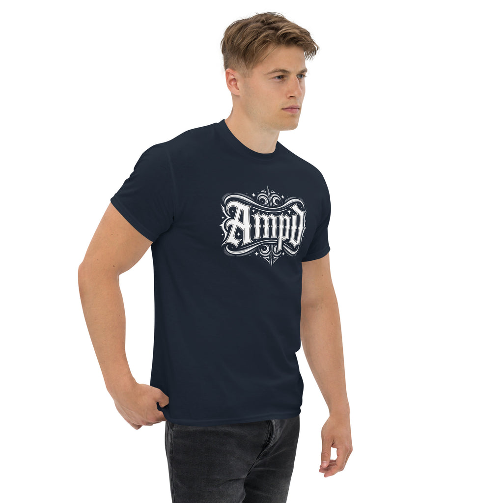 AMPD Official Gothic Typography T-Shirt in navy blue featuring stylish logo design