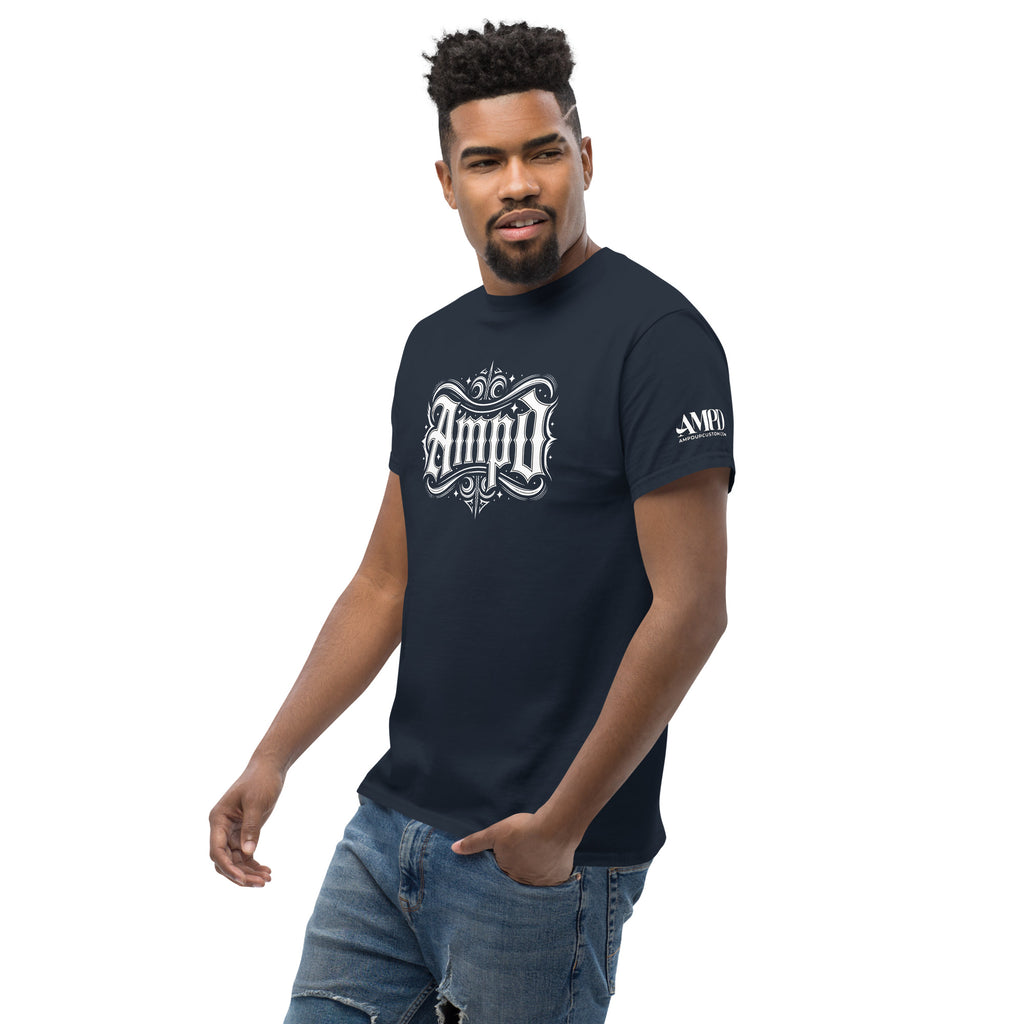 AMPD Official Gothic Typography T-Shirt featuring a stylish design on a navy shirt