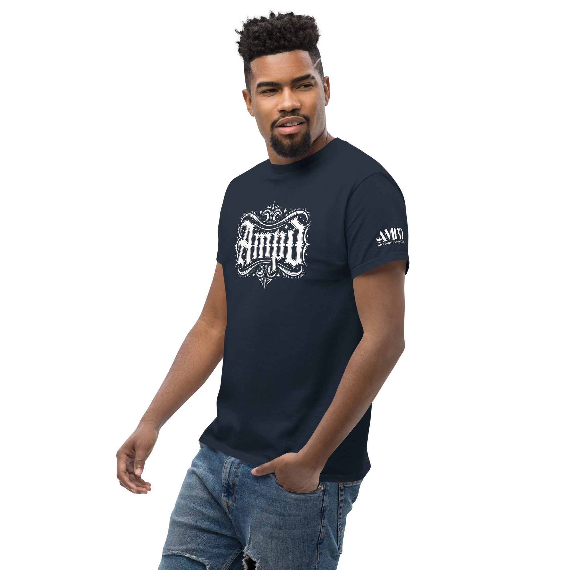 AMPD Official Gothic Typography T-Shirt featuring a stylish design on a navy shirt