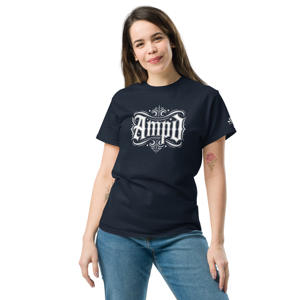 AMPD Official Gothic Typography T-Shirt in Navy Blue with Artistic Design by Amp'd Up Custom