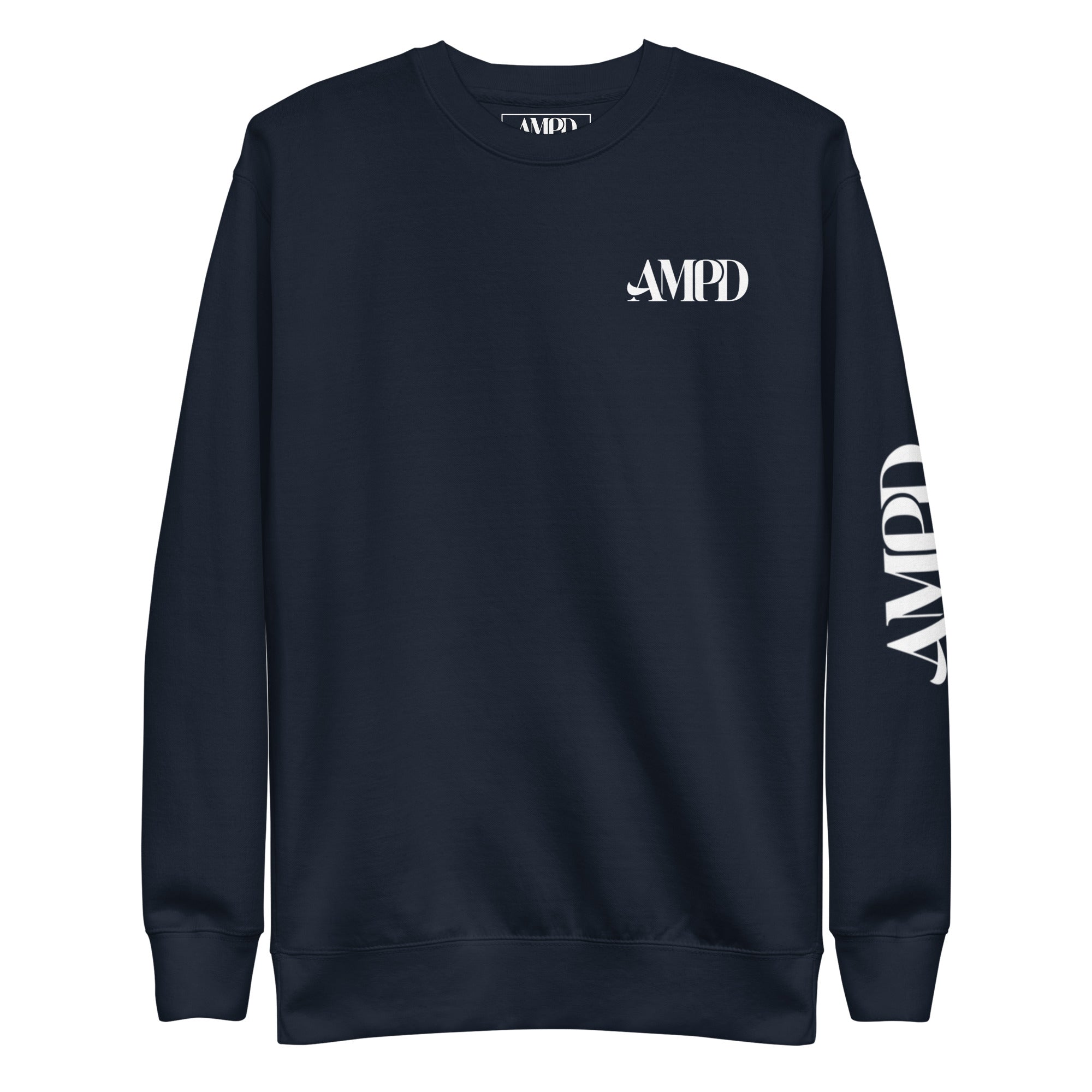 AMPD Official Premium Sweatshirt in navy blue featuring a stylish logo on the front and sleeve