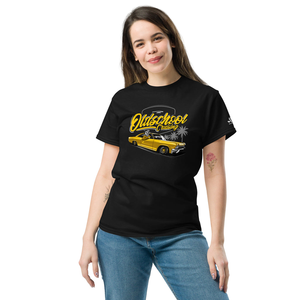 Old School Cruisin Classic Lowrider T-Shirt | AMPD featuring a vintage car design on a black background