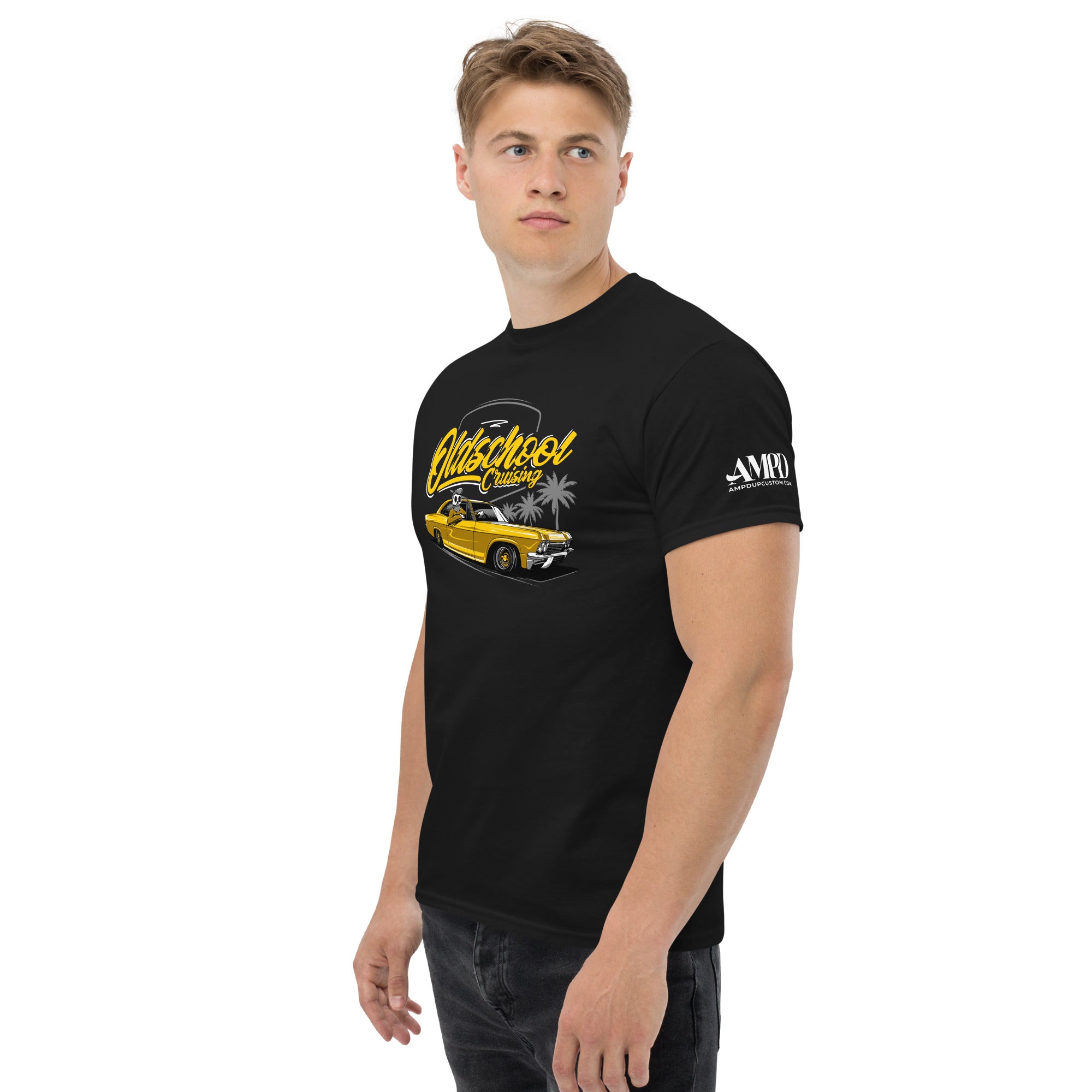 Old School Cruisin Classic Lowrider T-Shirt | AMPD featuring a vintage lowrider car on a black background