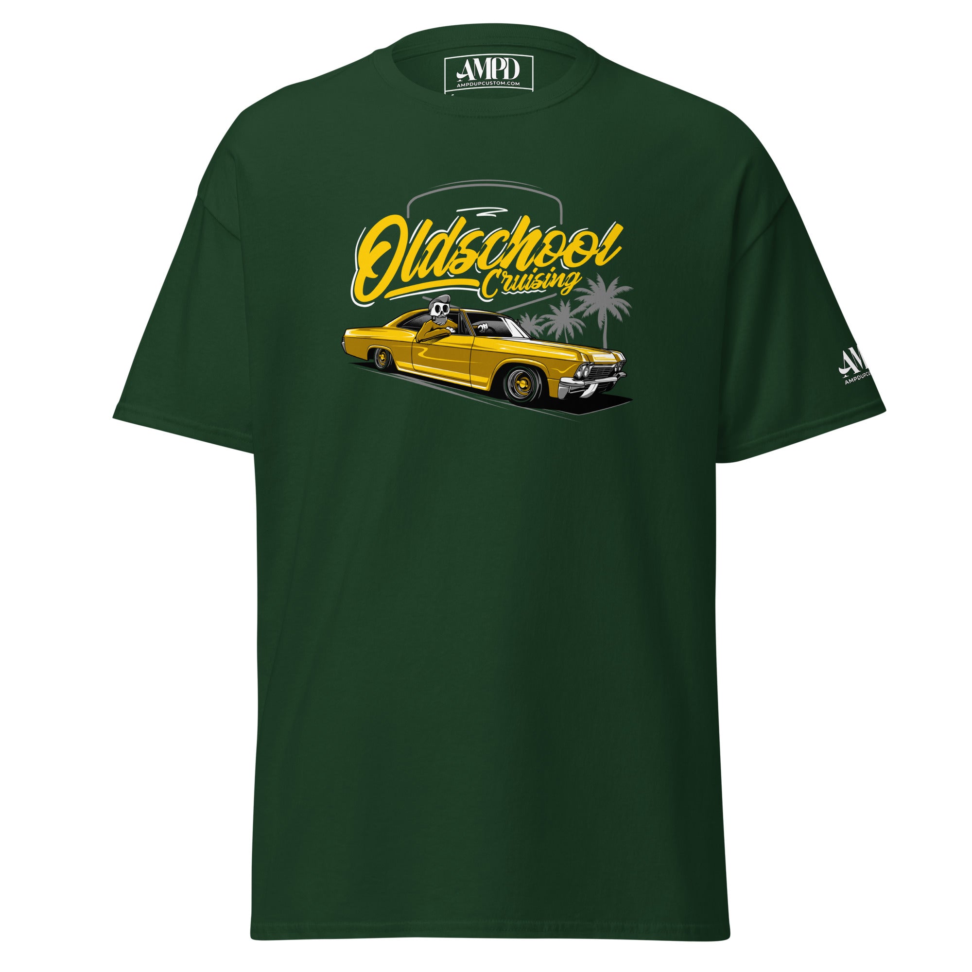 Old School Cruisin Classic Lowrider T-Shirt | AMPD featuring a vintage car graphic on a green background